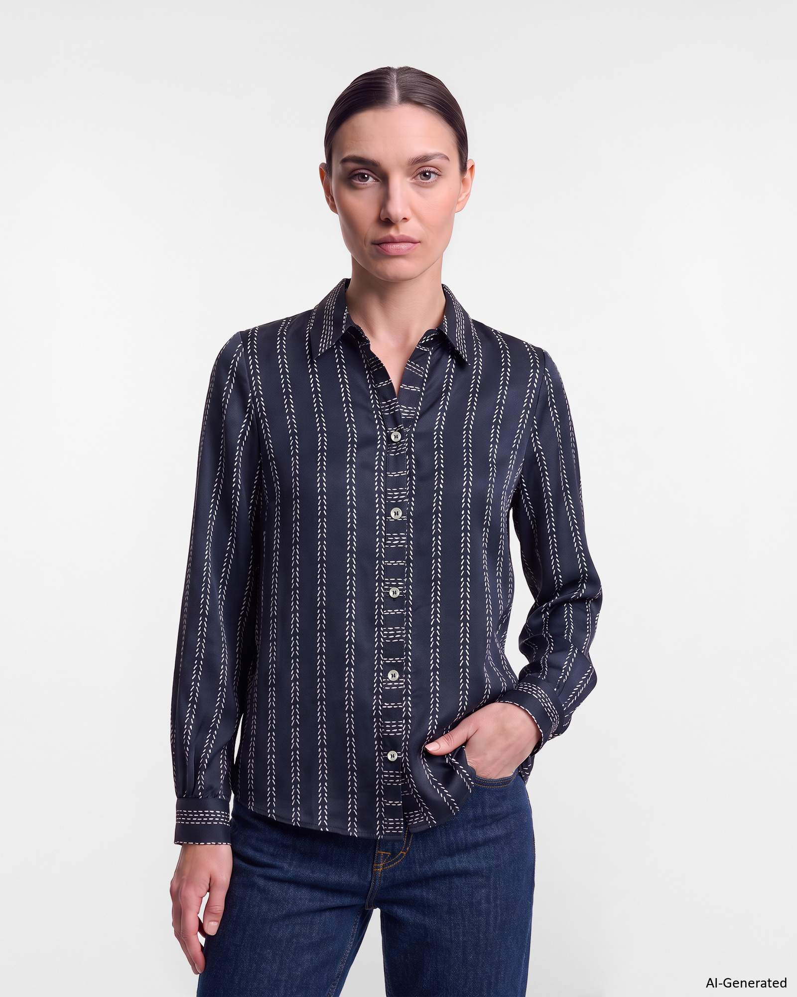 Women's Made in Italy dark blue printed shirt with V-neck
