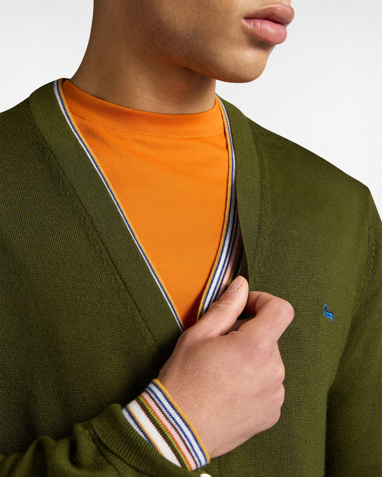 Wool Cardigan with Striped Edges, Green, large image number 2