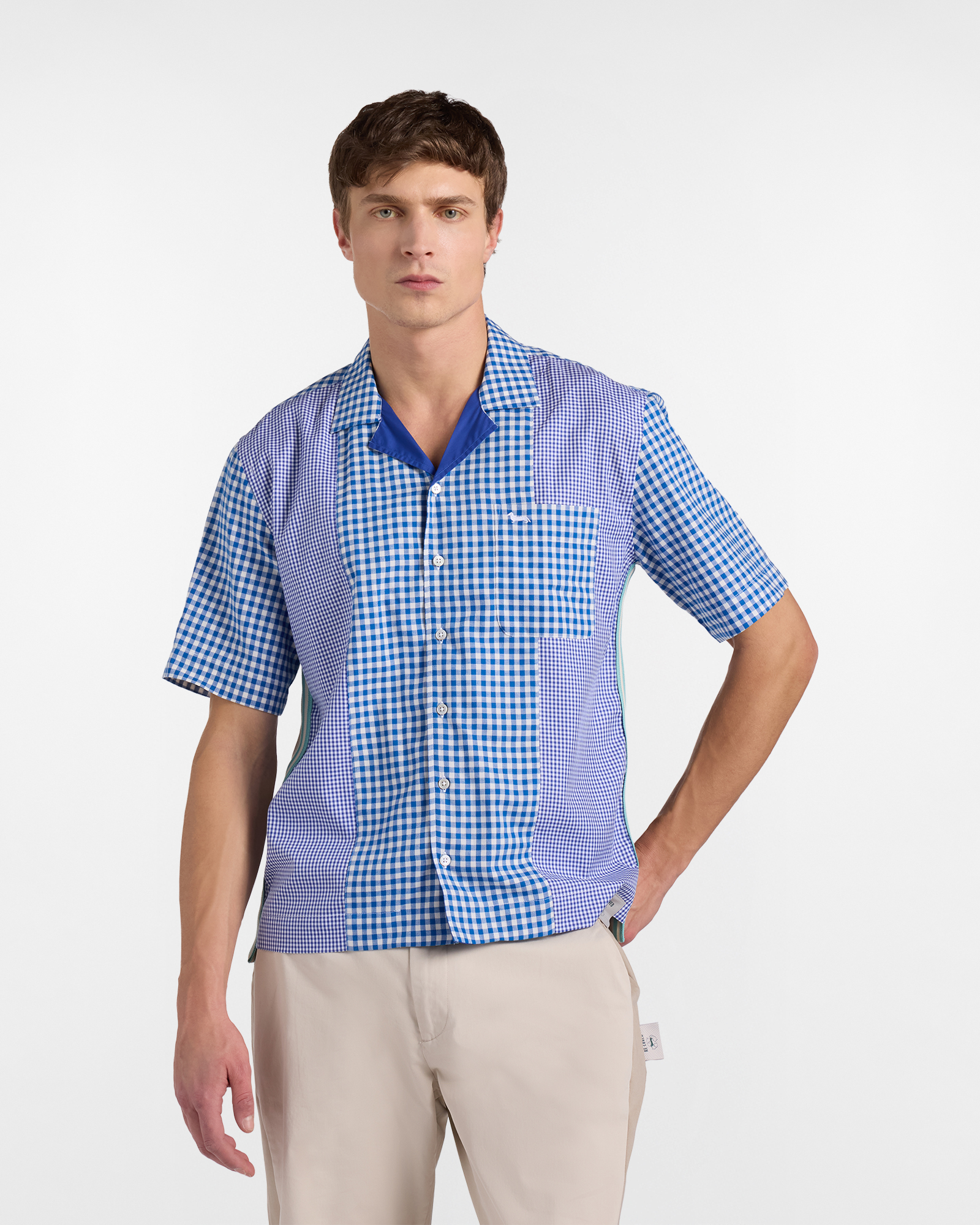 Camicia Uomo Bowling Re‑Loved in mix check di tessuti italiani, Uomo, Blu, Taglia: XS