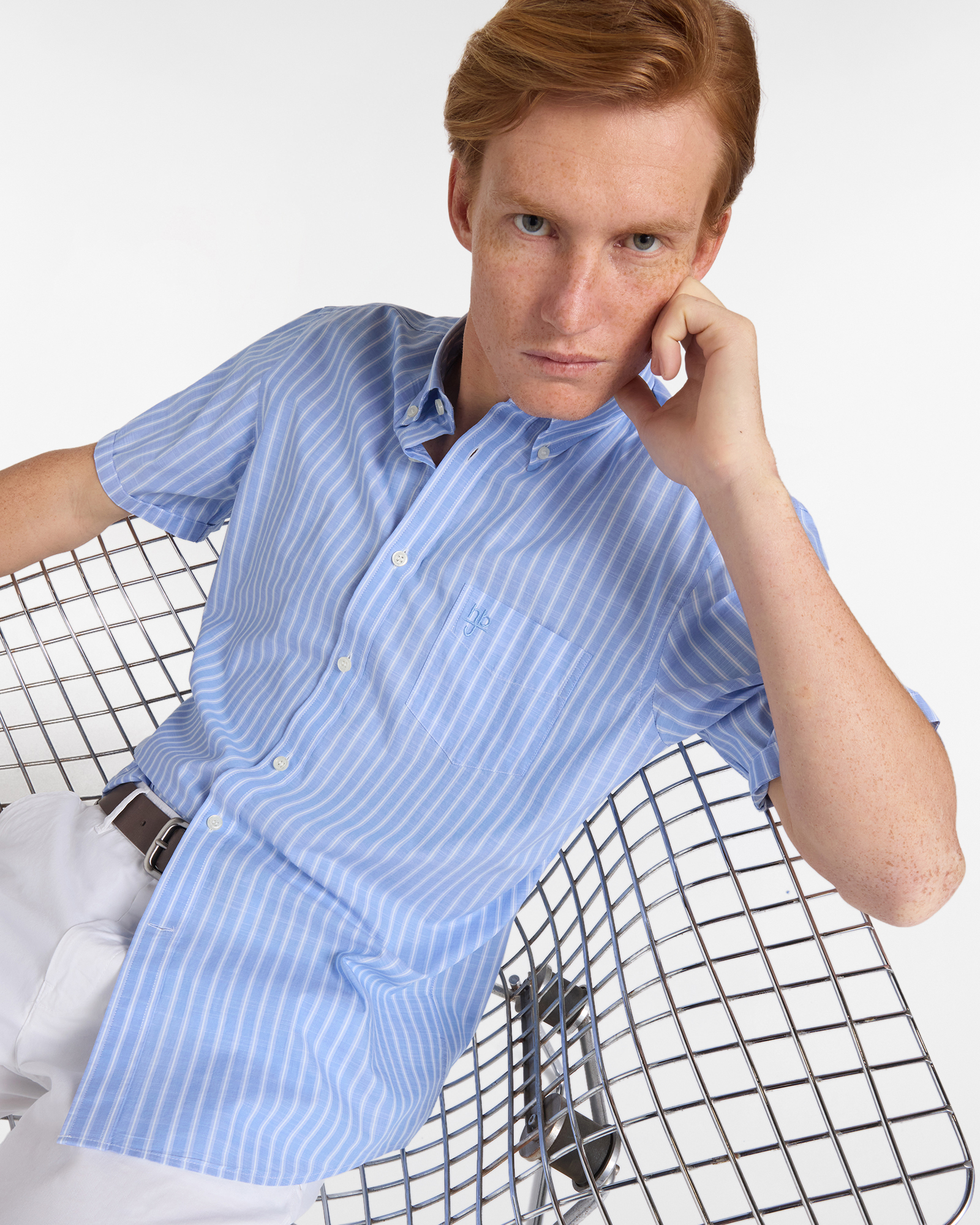 Camicia Uomo a Righe con Taschino Regular Fit, Celeste, large image number 2