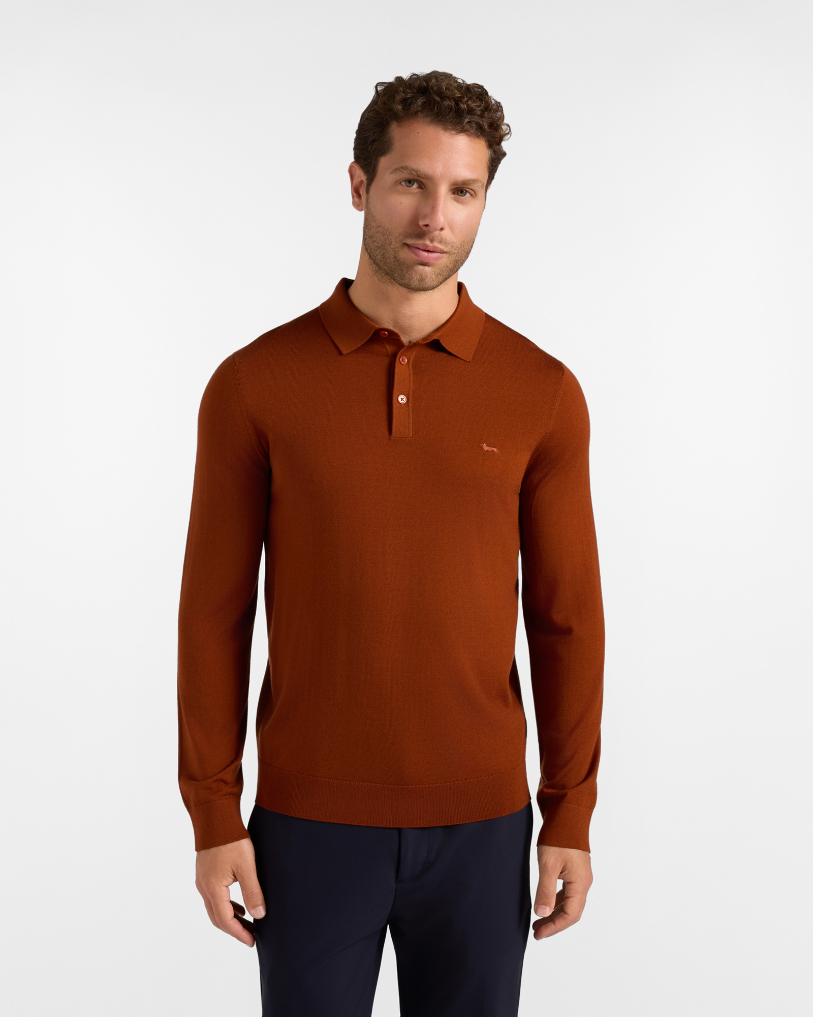 Maglia Uomo con colletto polo abbottonato in 100% pura lana Regular Fit, ROSSO MATTONE, large