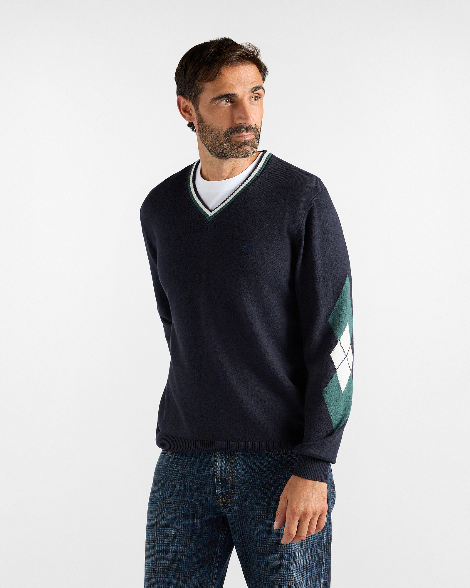 Men's Made in Italy regular fit V-neck sweater in blue wool and cotton blend