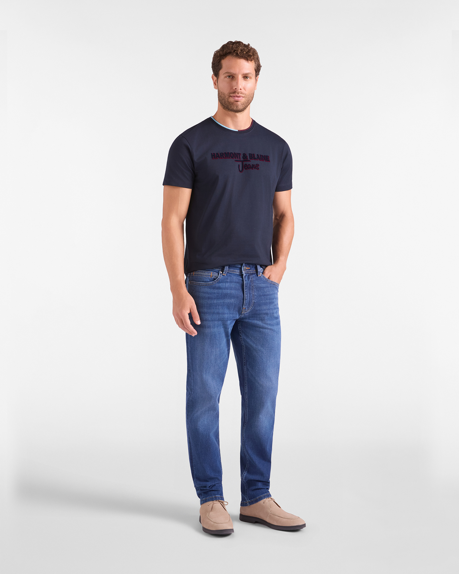 T-shirt HBJ Uomo con Stampa Flock in Puro Cotone, BLU SCURO, large