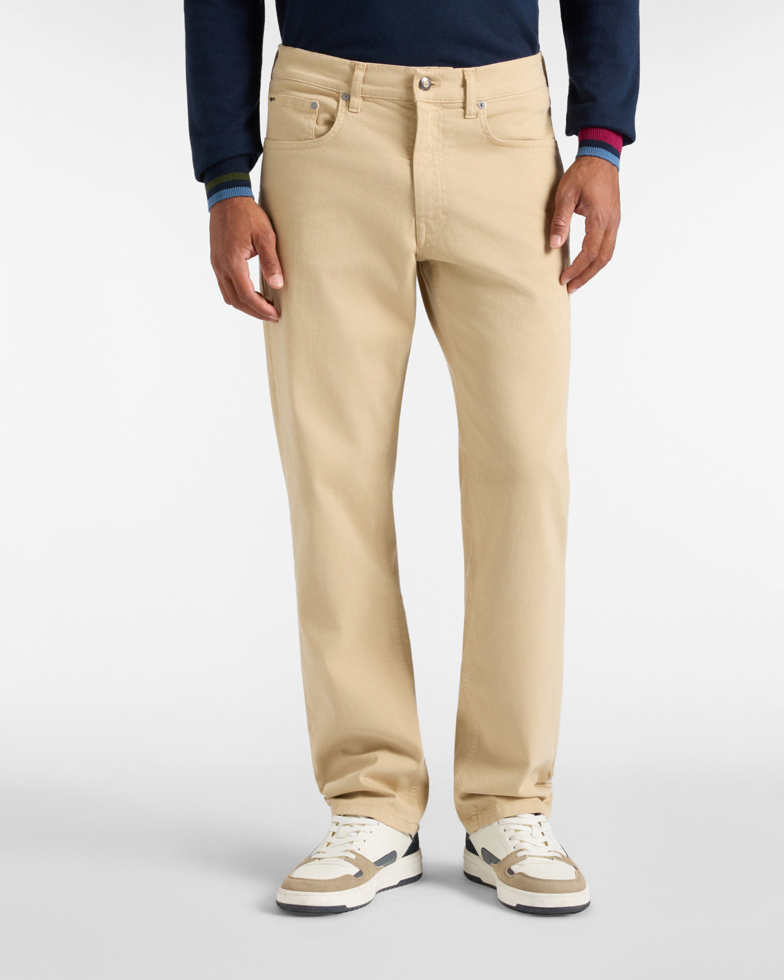 Men&rsquo;s regular-fit beige stretch cotton 5-pocket trousers