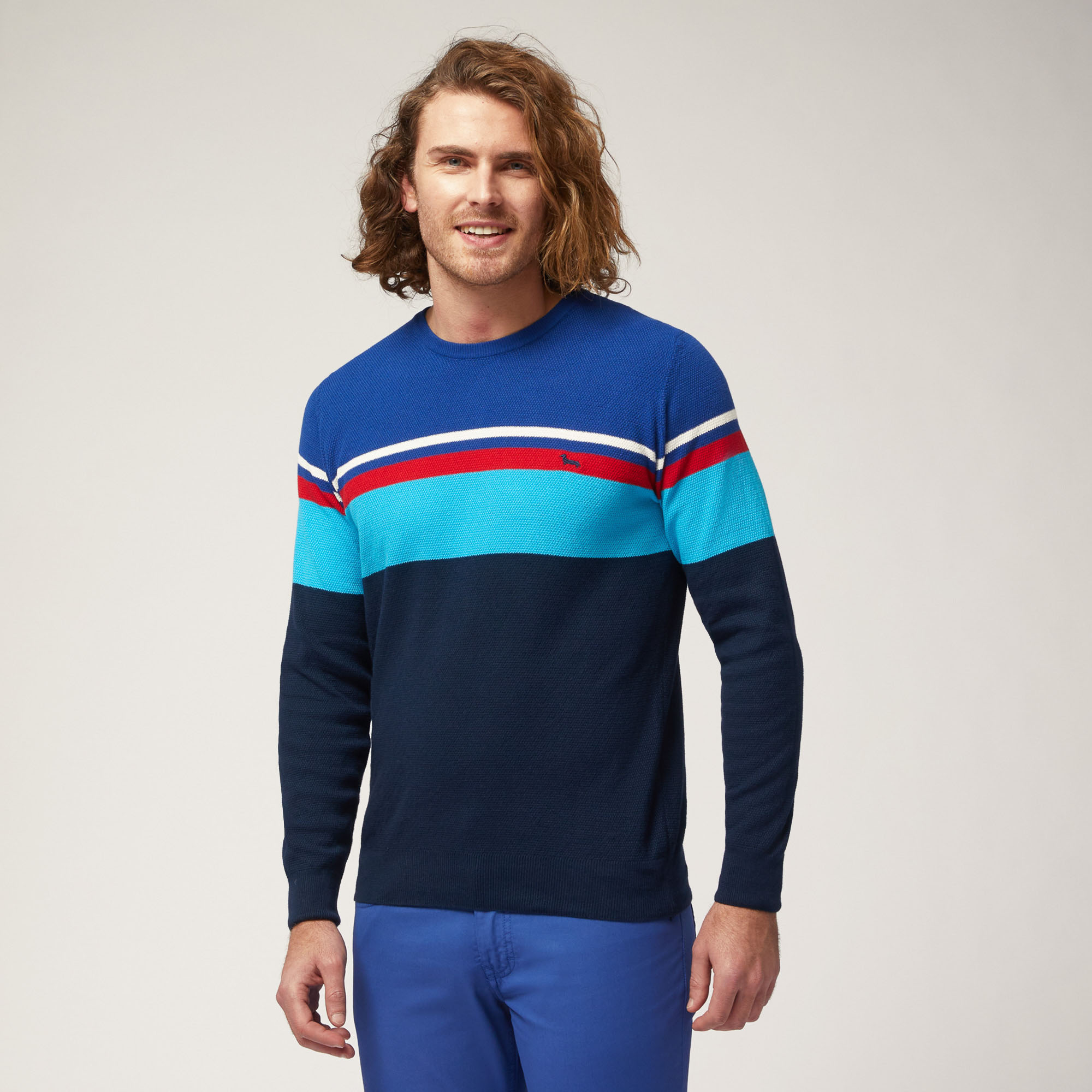 Jersey de algodón orgánico con cuello redondo y bloques de colores, Azul Noche, large