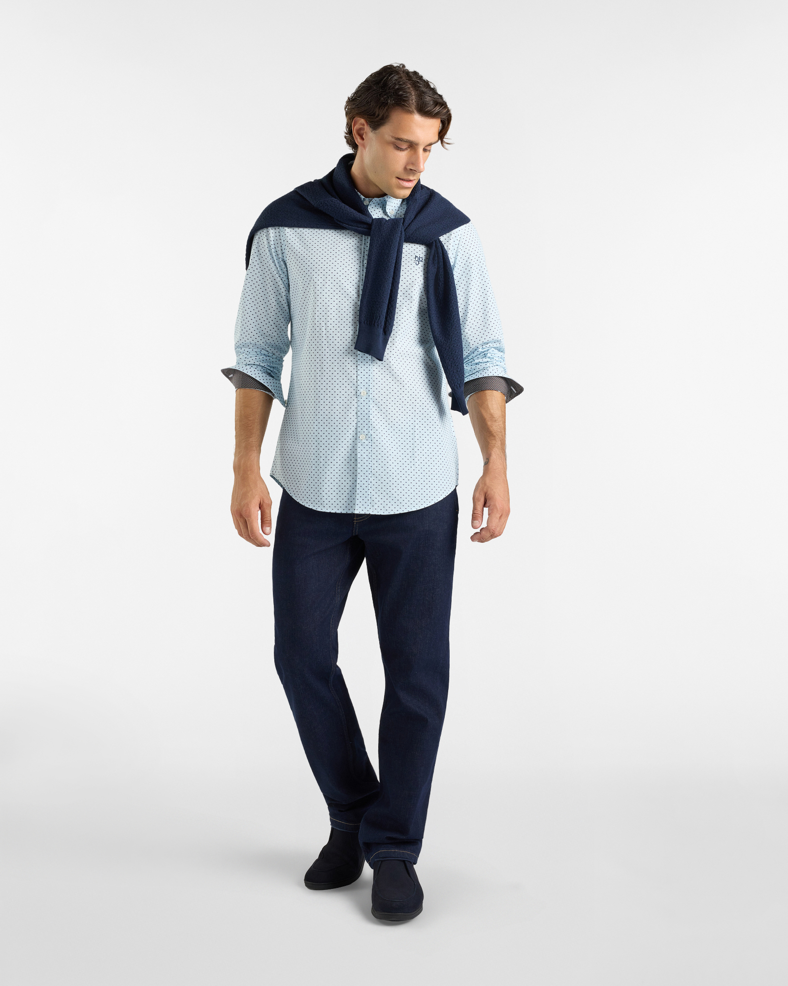 Camicia HBJ Uomo Regular Fit con collo Montecarlo in puro cotone microstampa, SKY, large