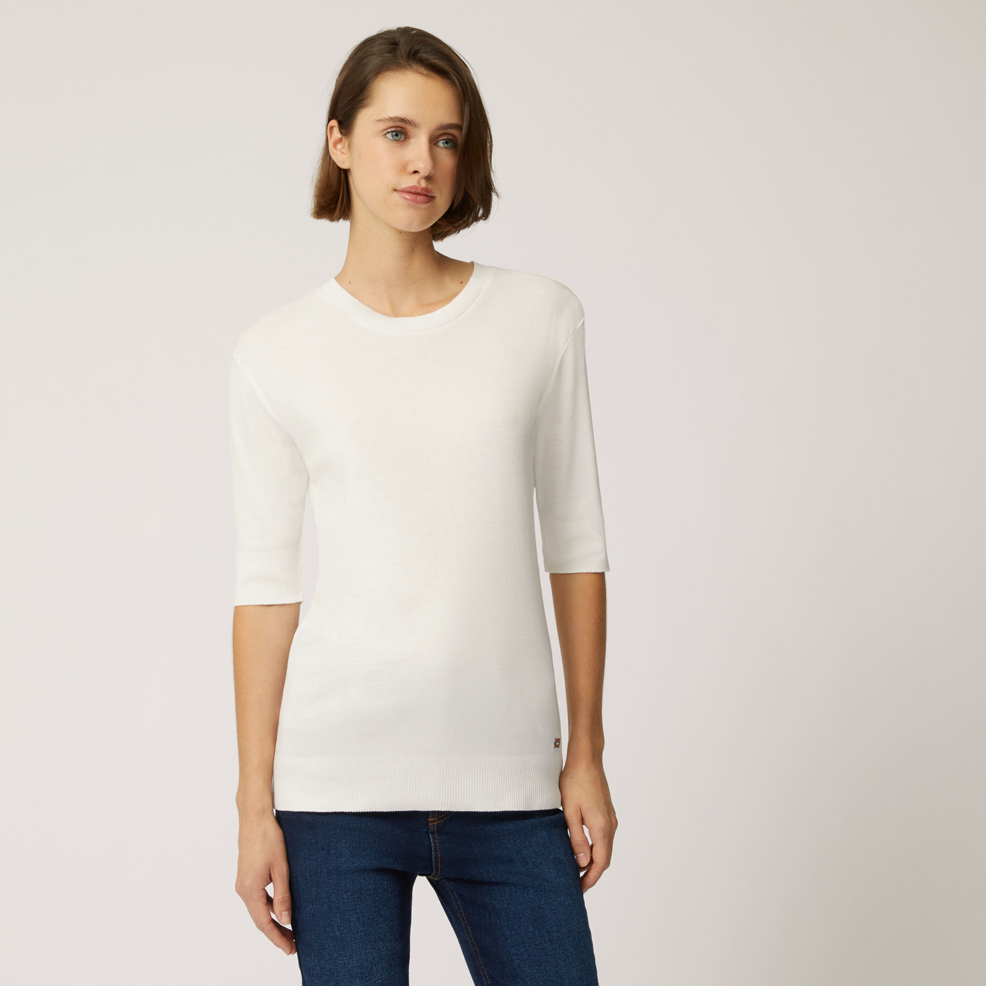 T-Shirt In Cotone E Modal Con Maniche A Tre Quarti, Bianco, large