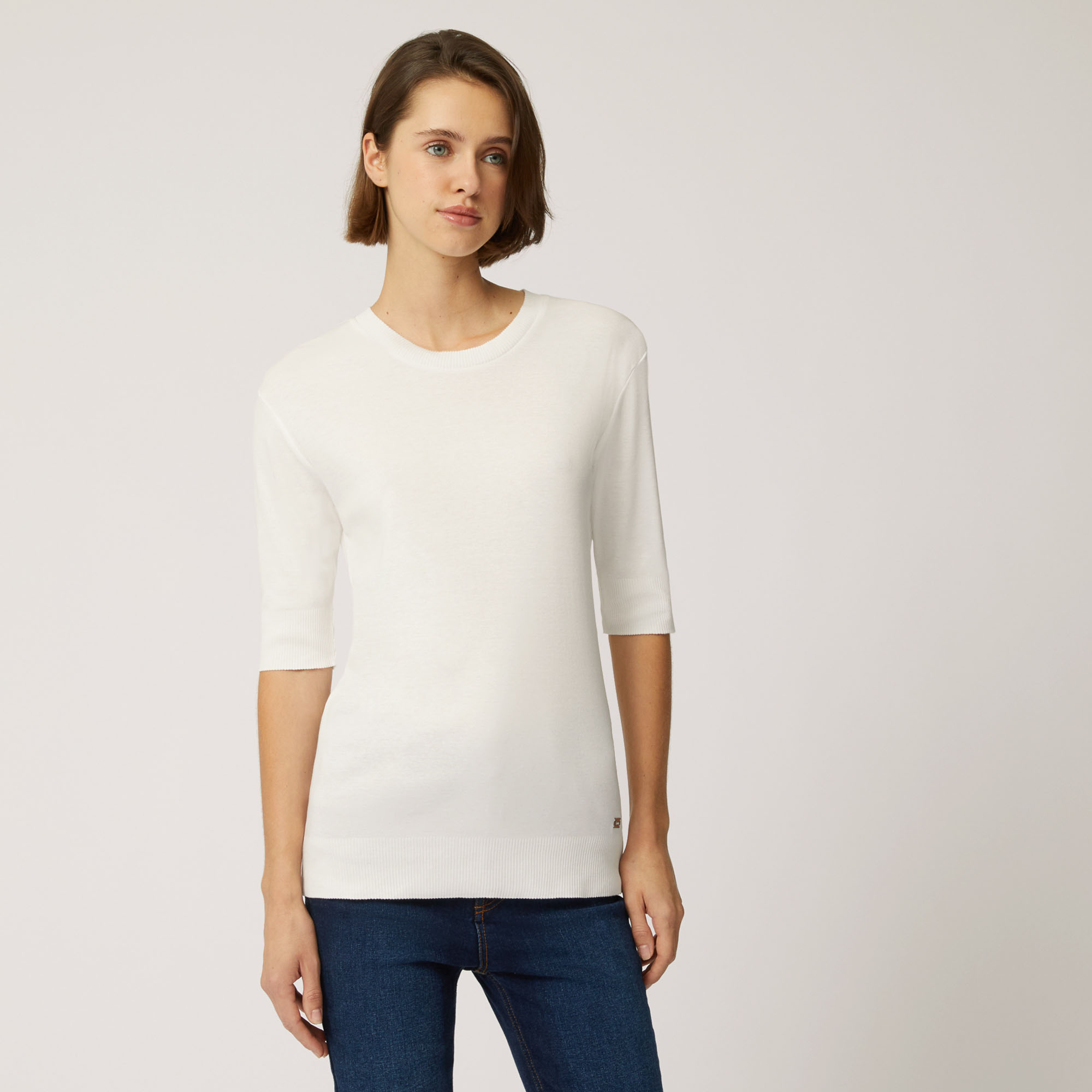 T-Shirt In Cotone E Modal Con Maniche A Tre Quarti, Bianco, large image number 0