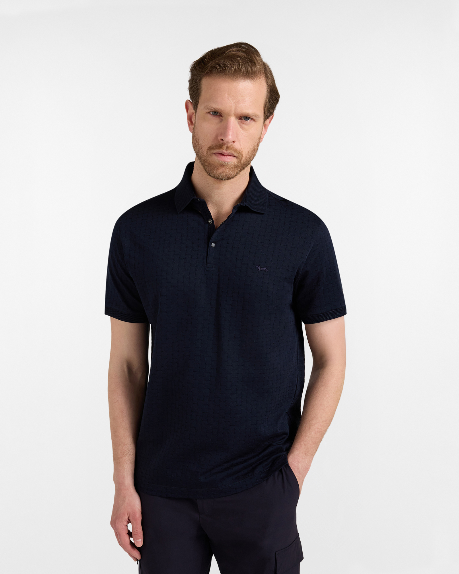 Men's jacquard jersey polo shirt with 3D collar