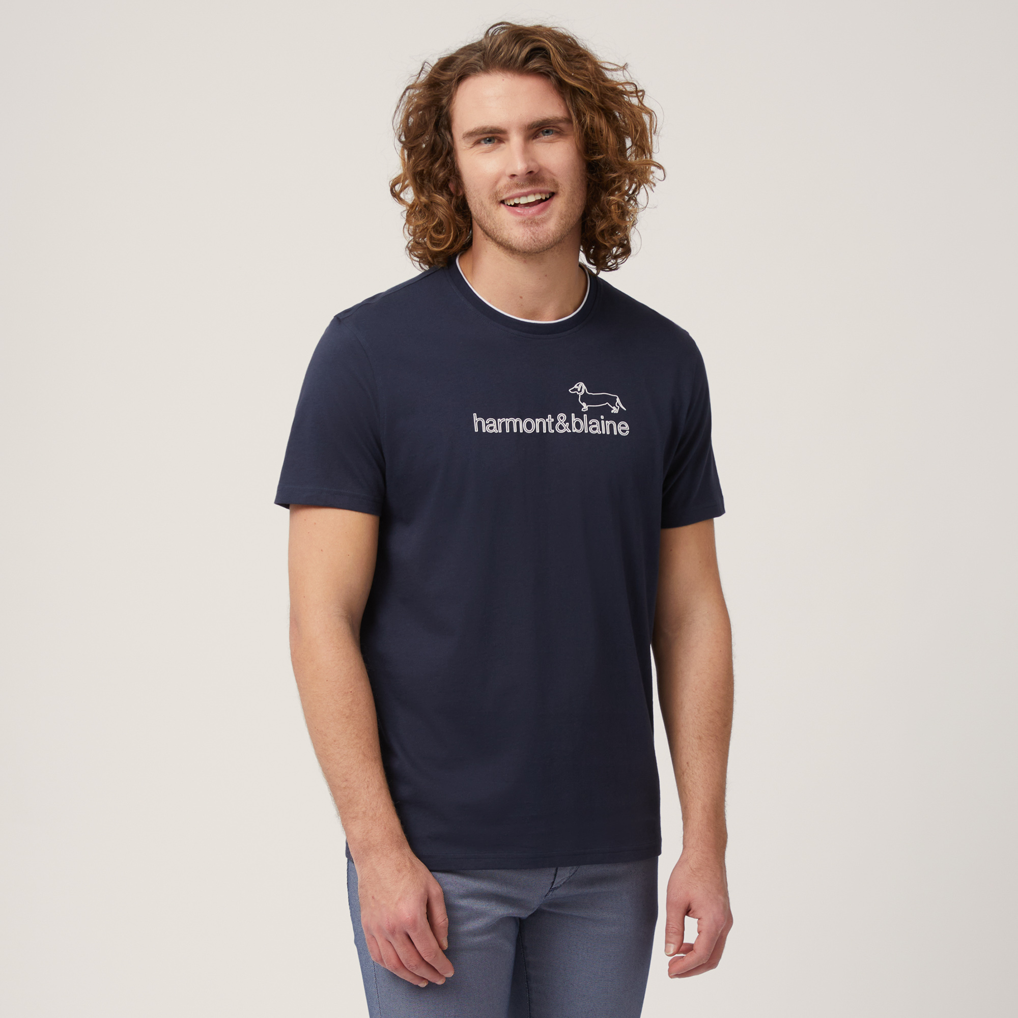 T-shirt with Logo Print, Blue, large