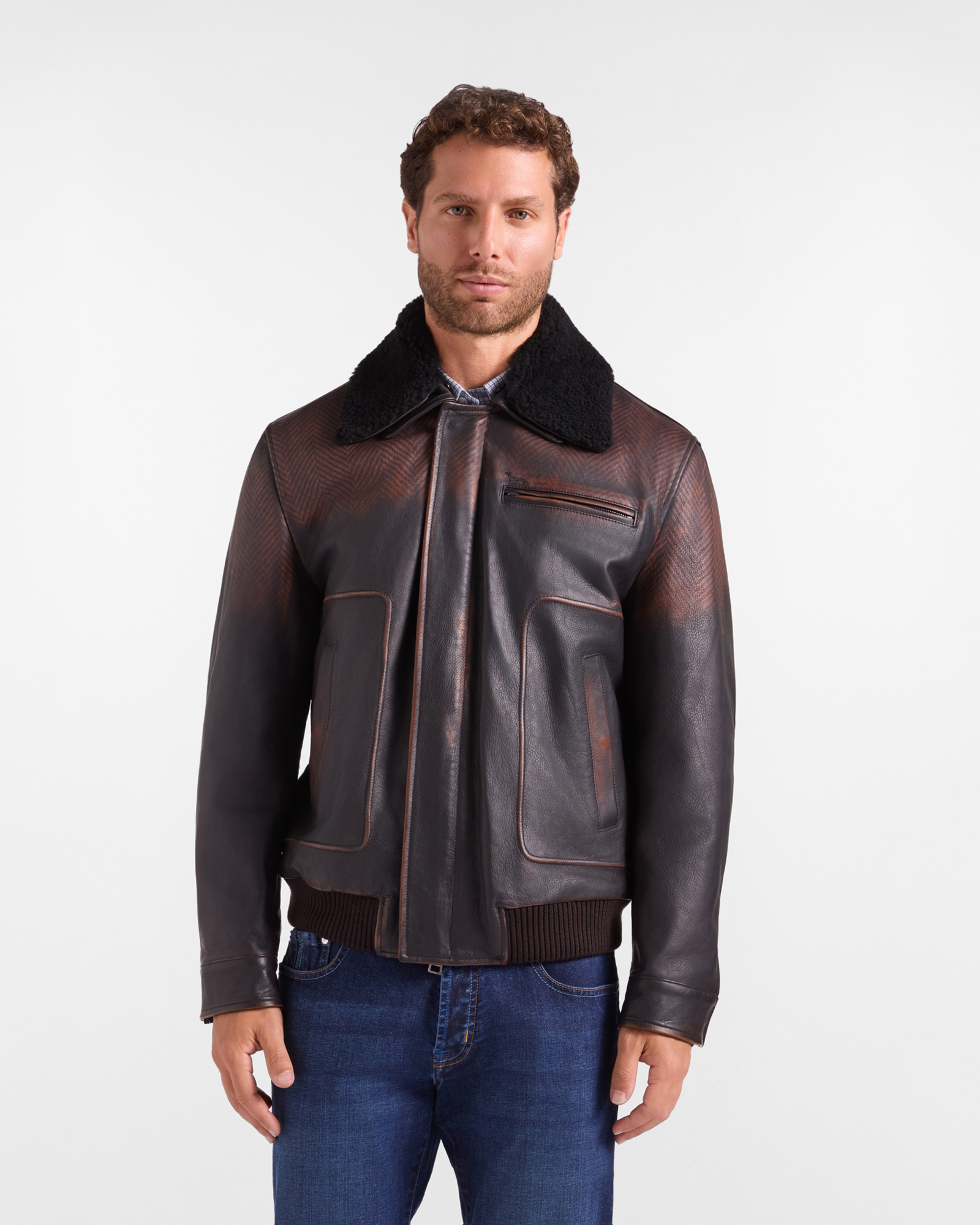 Men&rsquo;s printed leather bomber jacket with dark brown shearling collar