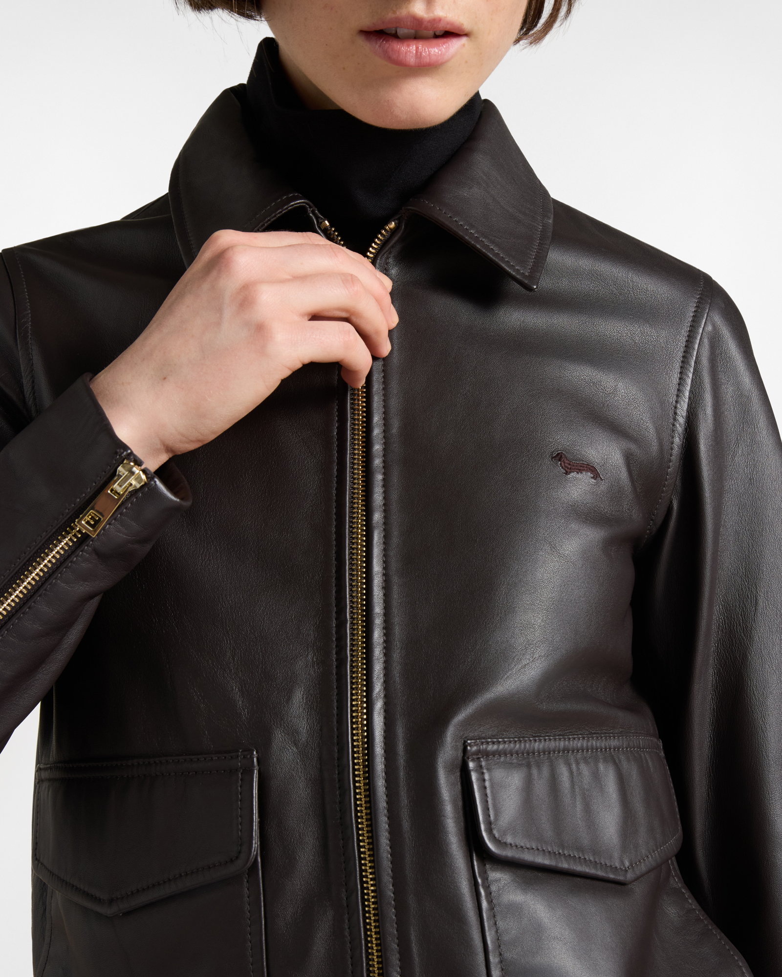 Women&rsquo;s Nappa Leather Jacket with Ribbed Hem, DARK BROWN, large image number 2