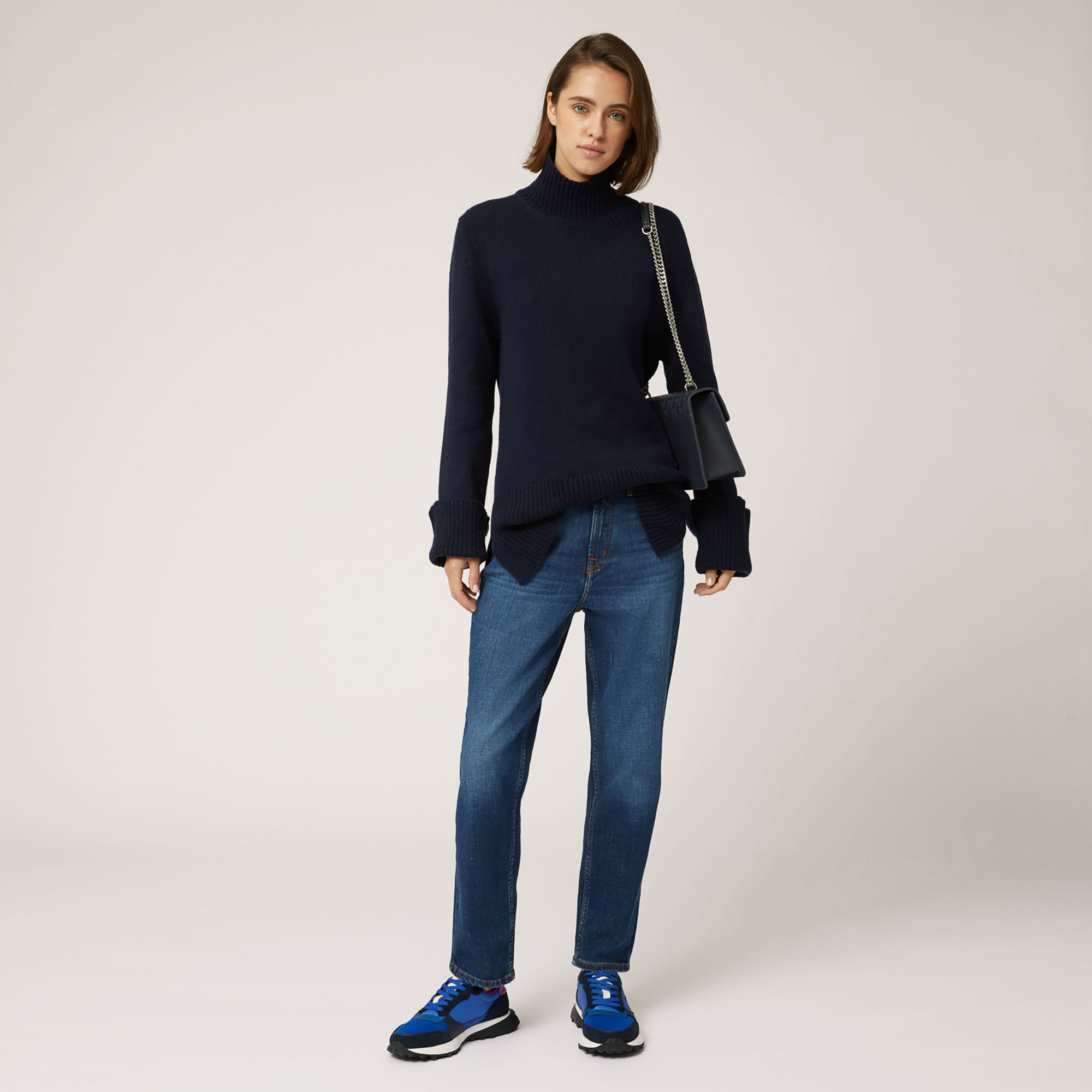 Color Block Cashmere Long Turtleneck, Blue, large image number 3