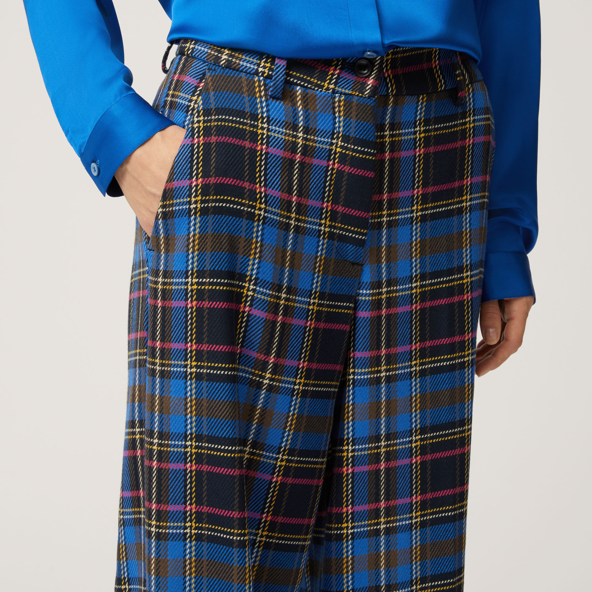 High-Waist Pants With Chequered Pattern, Blue, large