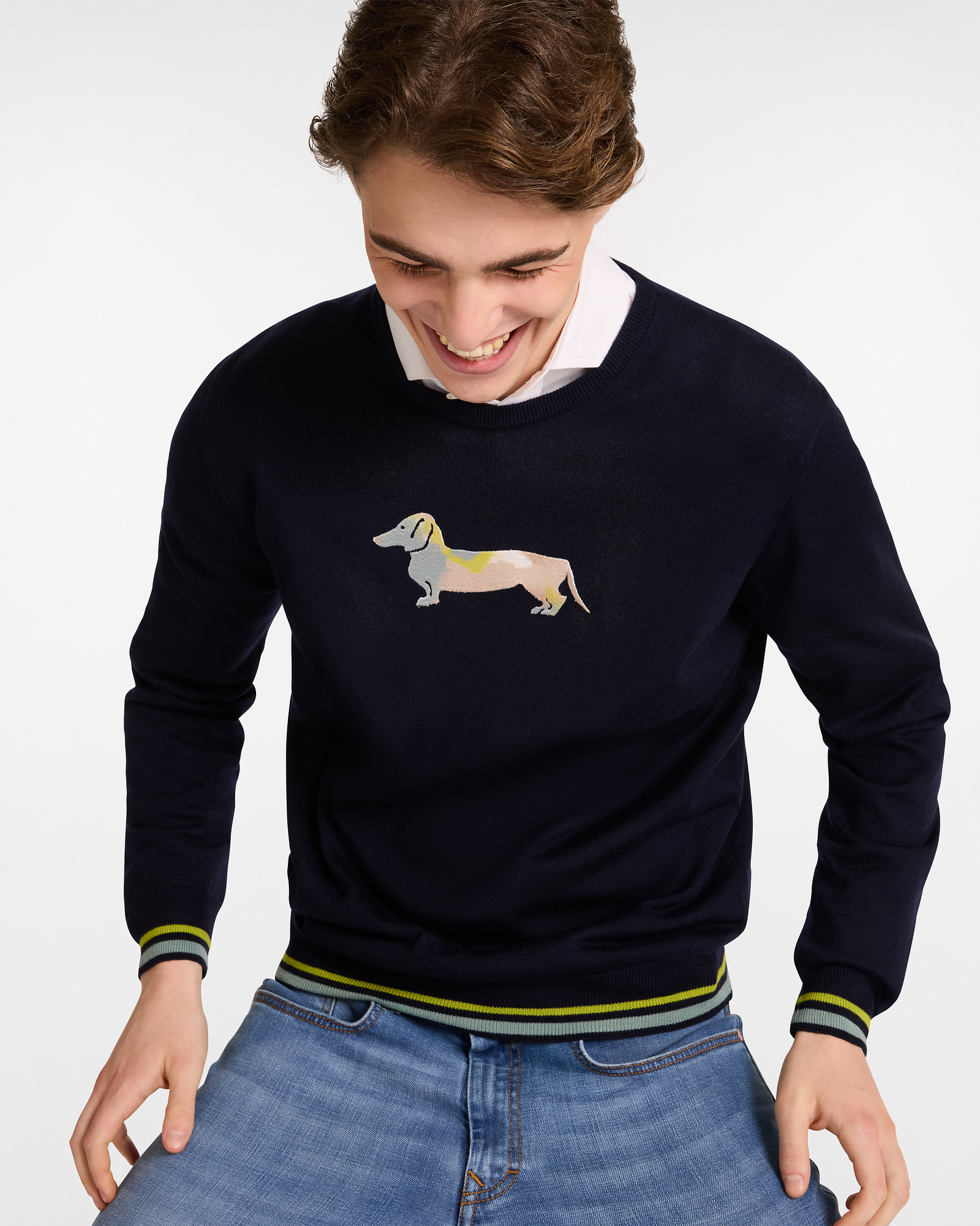 Pull En Laine Avec Teckel Brodé, Bleu Marine, large image number 2