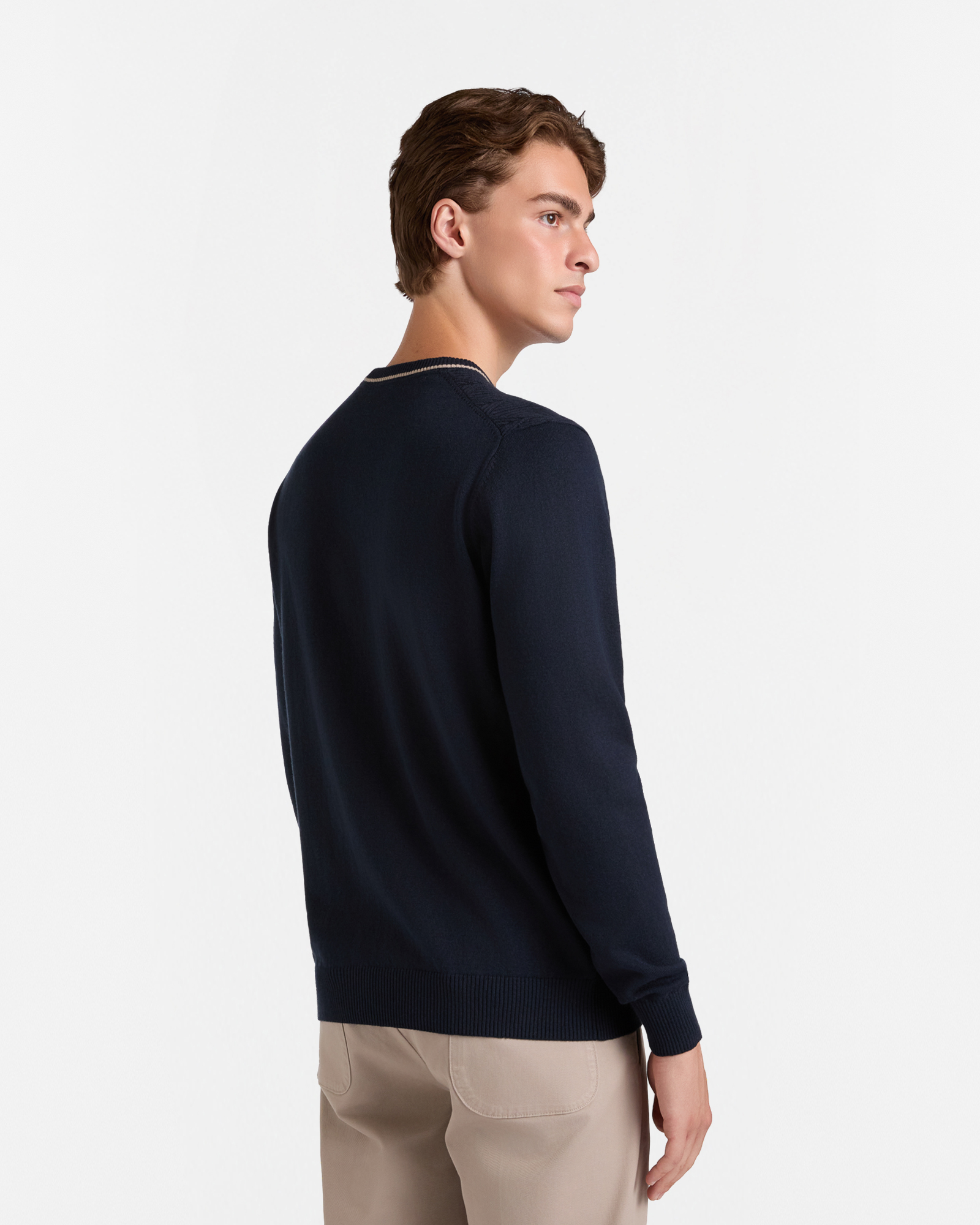 Crew Neck Sweater with Herringbone Stitch, Dark Blue, large image number 1
