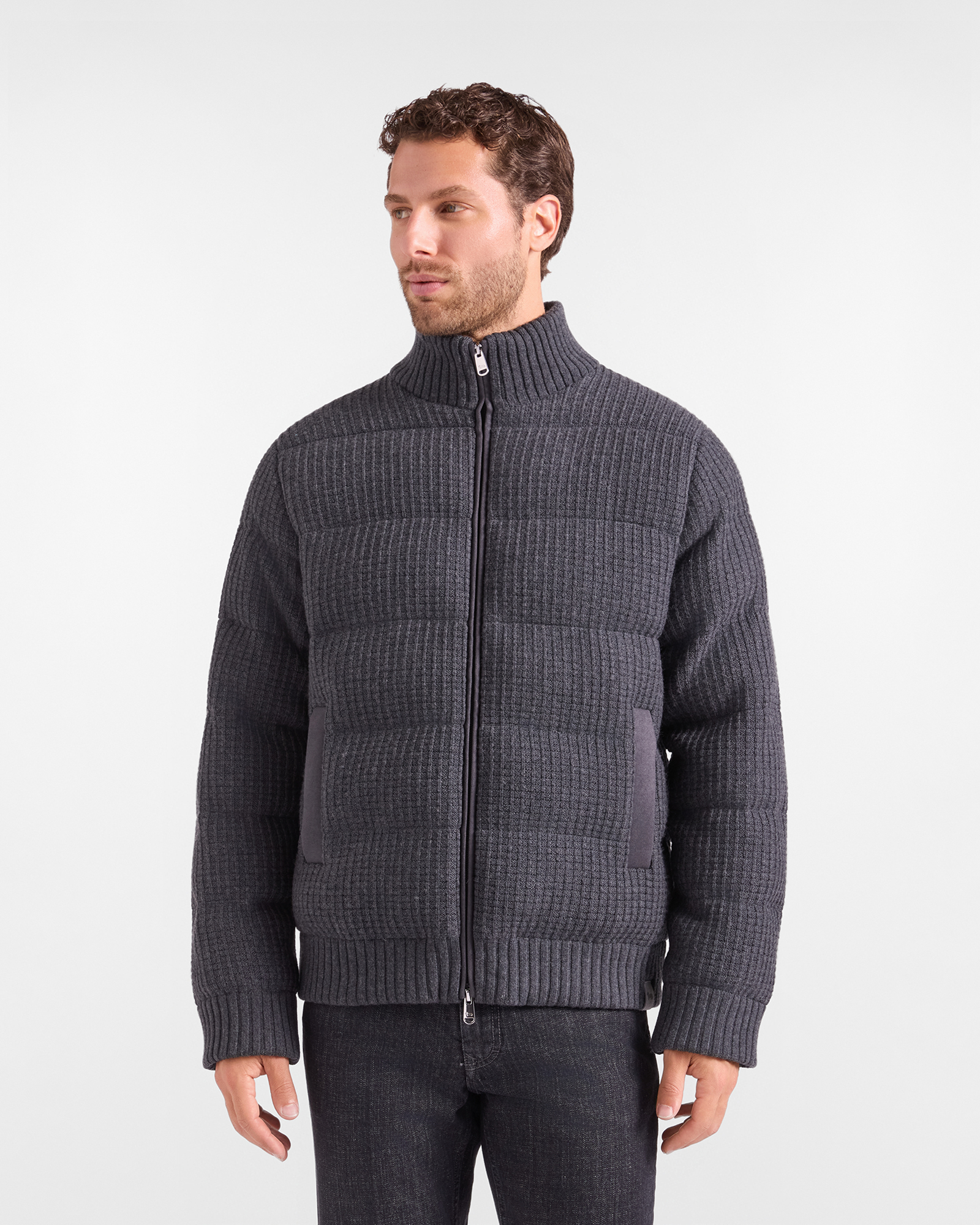 Men's regular fit knit jacket with zip-up stand-up collar in gray 100% pure wool