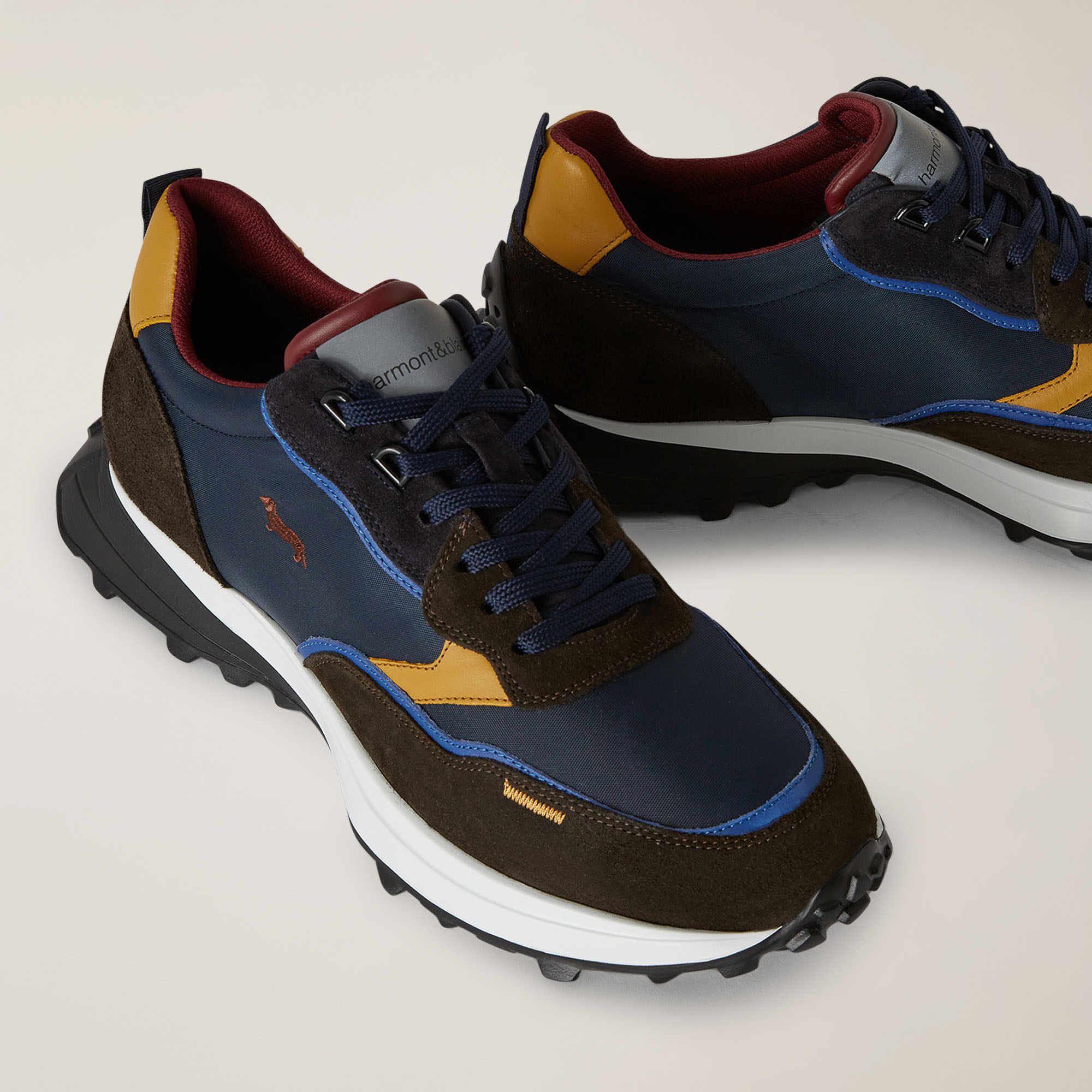 Zapatilla Estilo Running En Mezcla De Materiales Con Teckel Bordado, Azul/Marrón, large image number 3