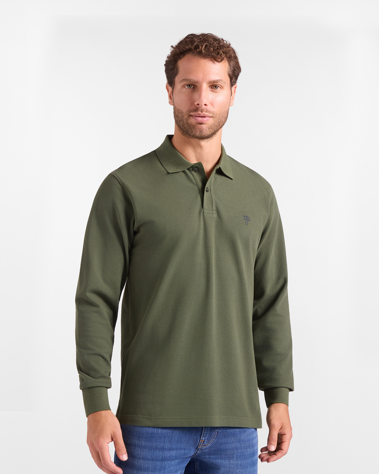 Polo HBJ Uomo Manica Lunga in Cotone Piquet Verde Militare