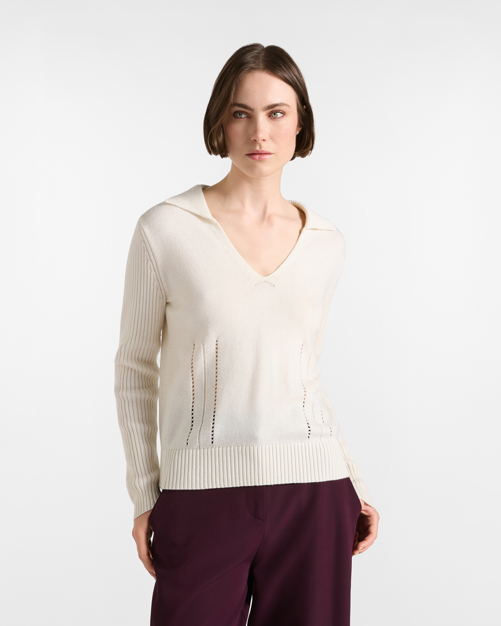 Women's polo collar sweater in white wool blend with cashmere
