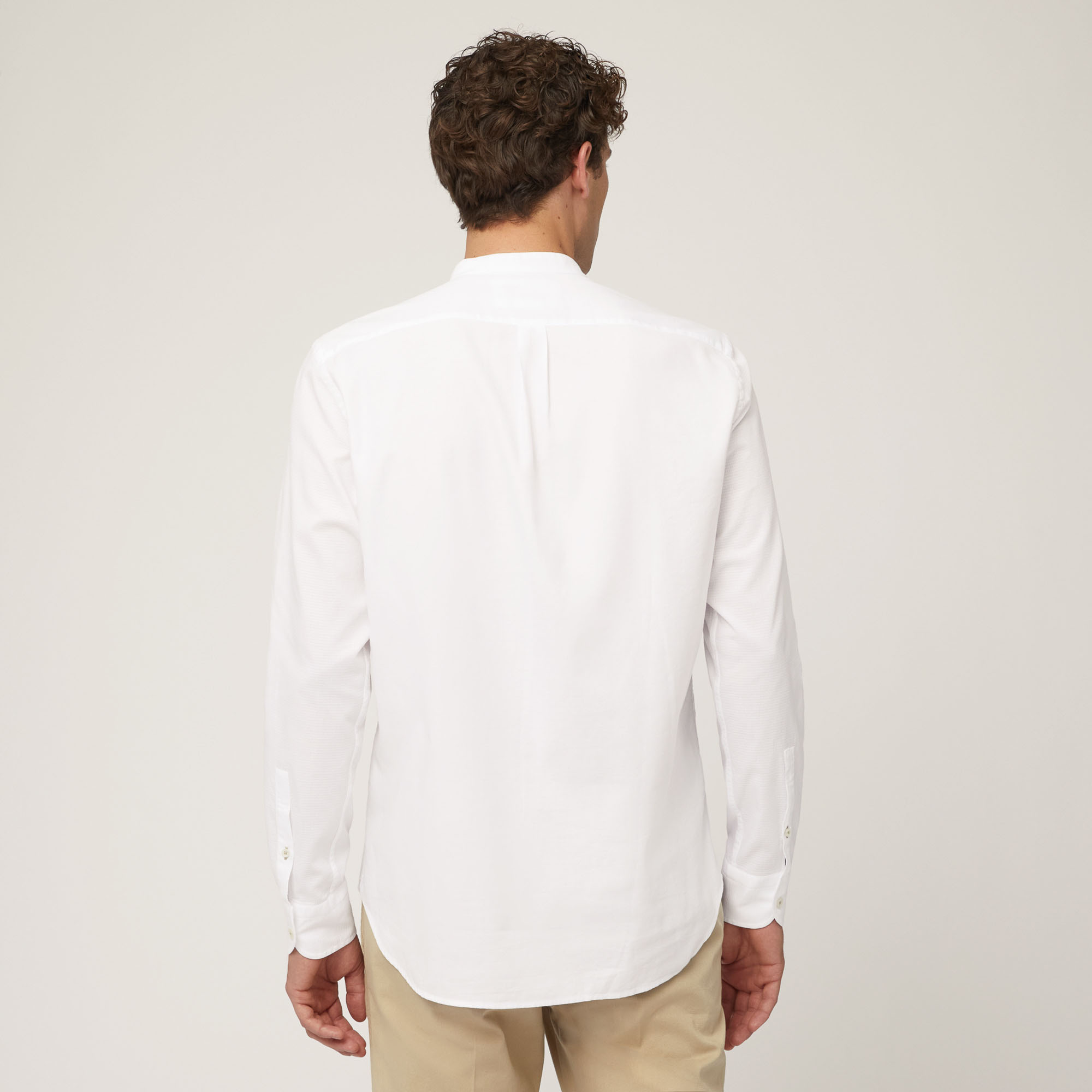 Woven Cotton Shirt with Mandarin Collar and Breast Pocket, White, large image number 1