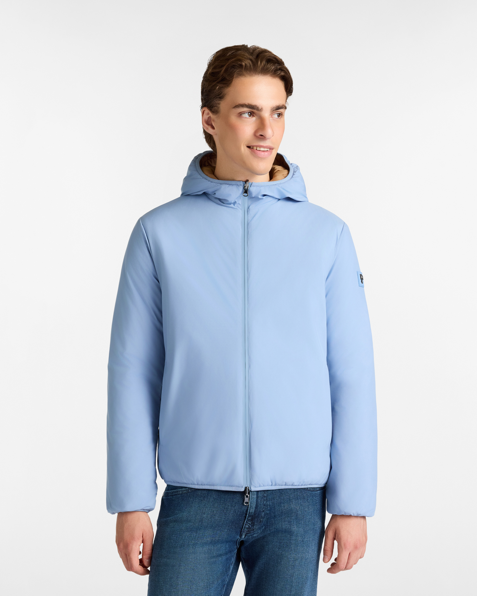 Double-Faced Padded Jacket with Hood, Light Blue, large