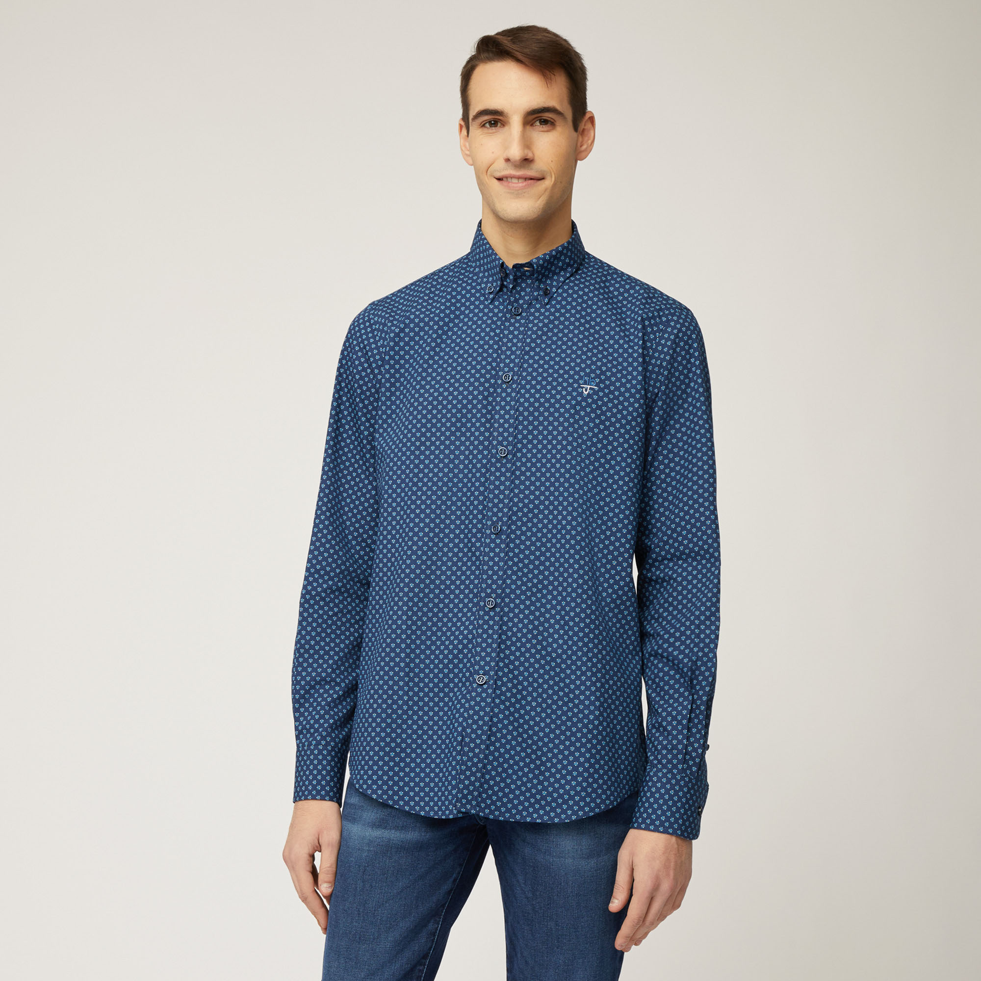 Camicia In Cotone Con Micro-Motivo  All-Over, Blu, large image number 0