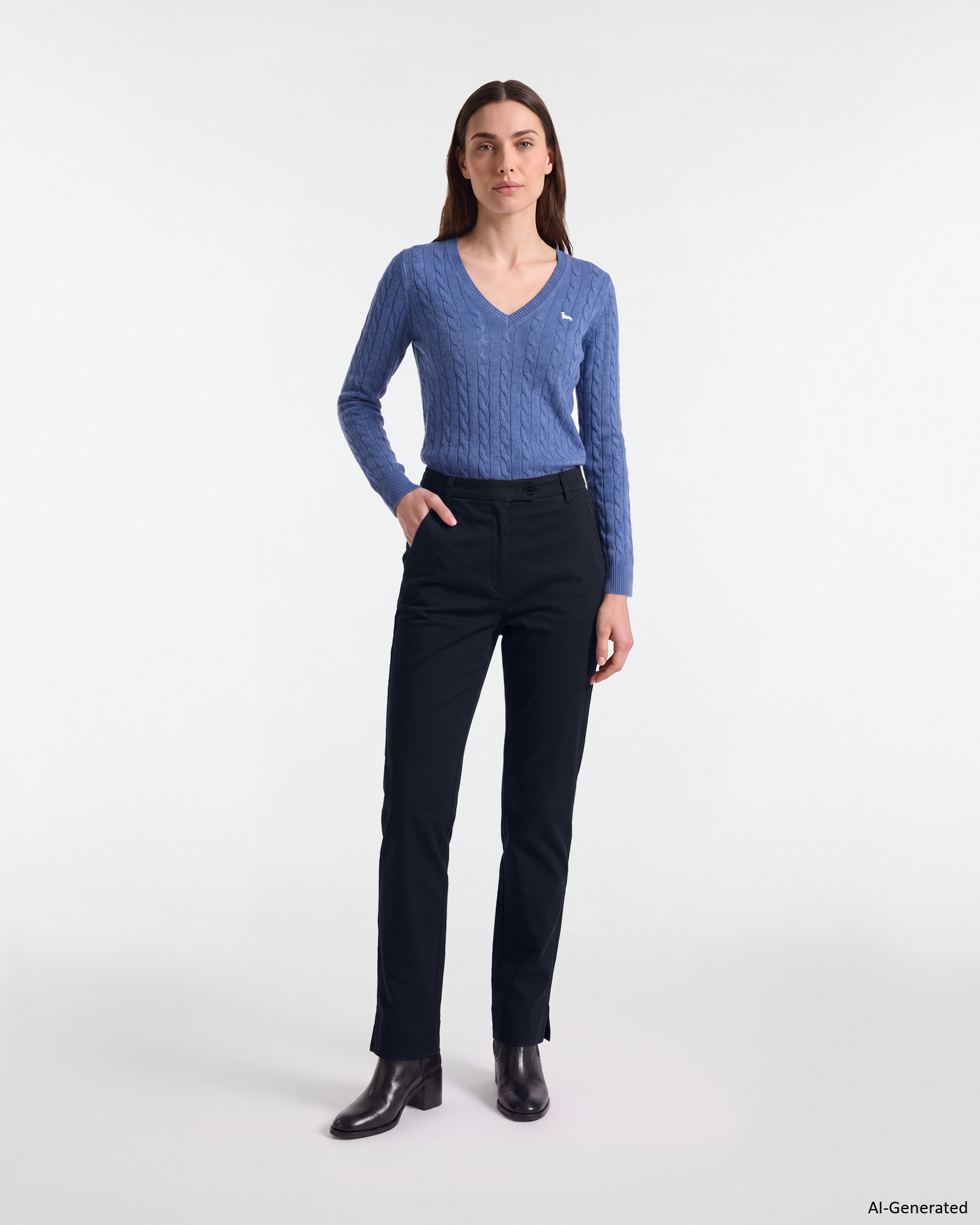 Women&rsquo;s slim-fit stretch cotton trousers, NAVY BLUE, large