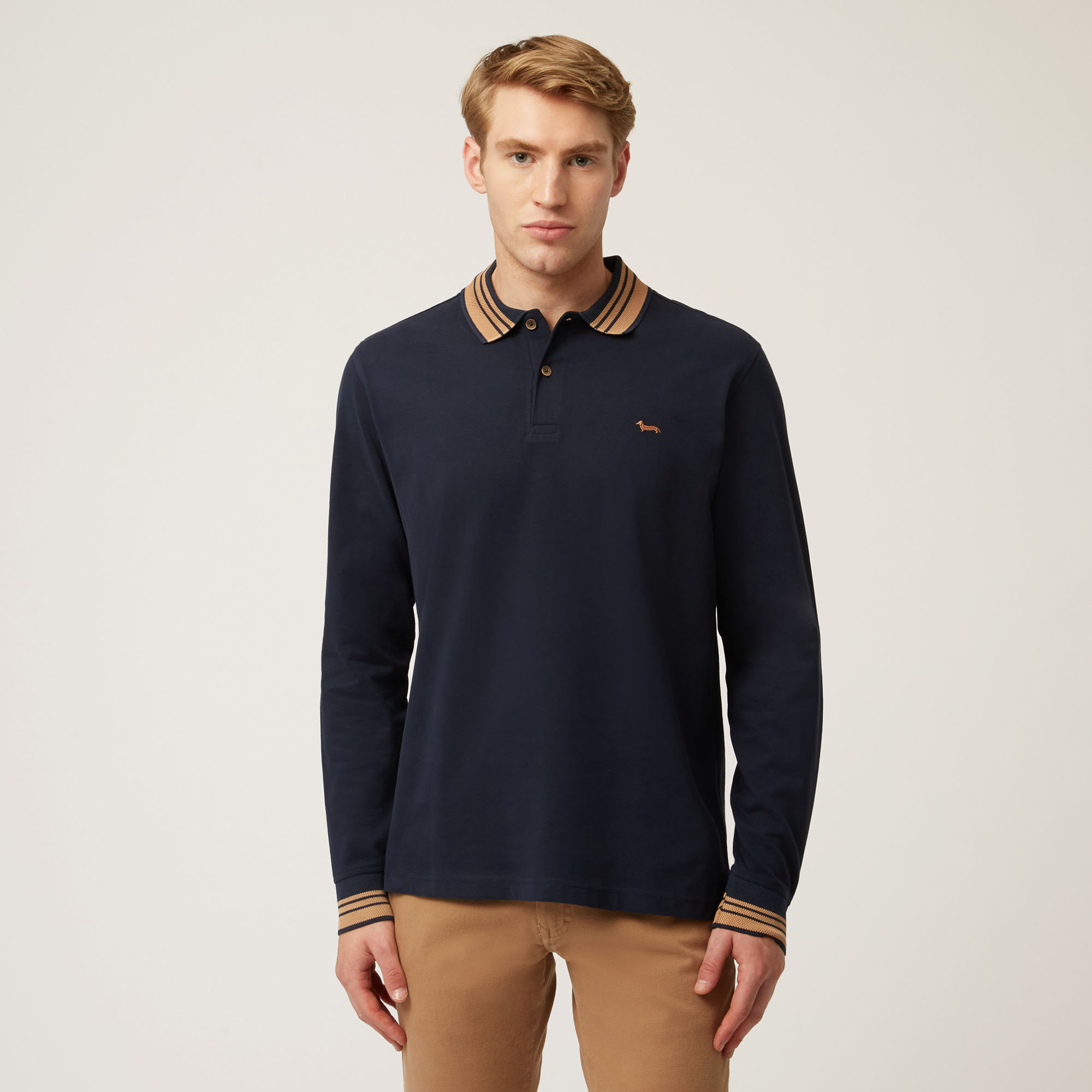 Long-Sleeved Polo Shirt With Contrasting Cuffs And Collar, Blue, large