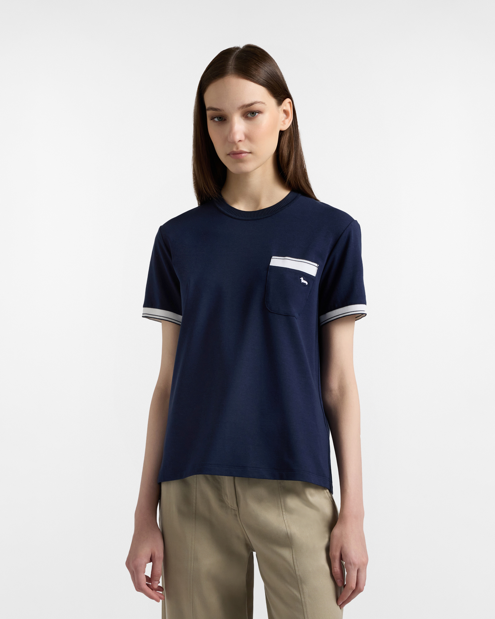T-shirt with pocket and striped ribs