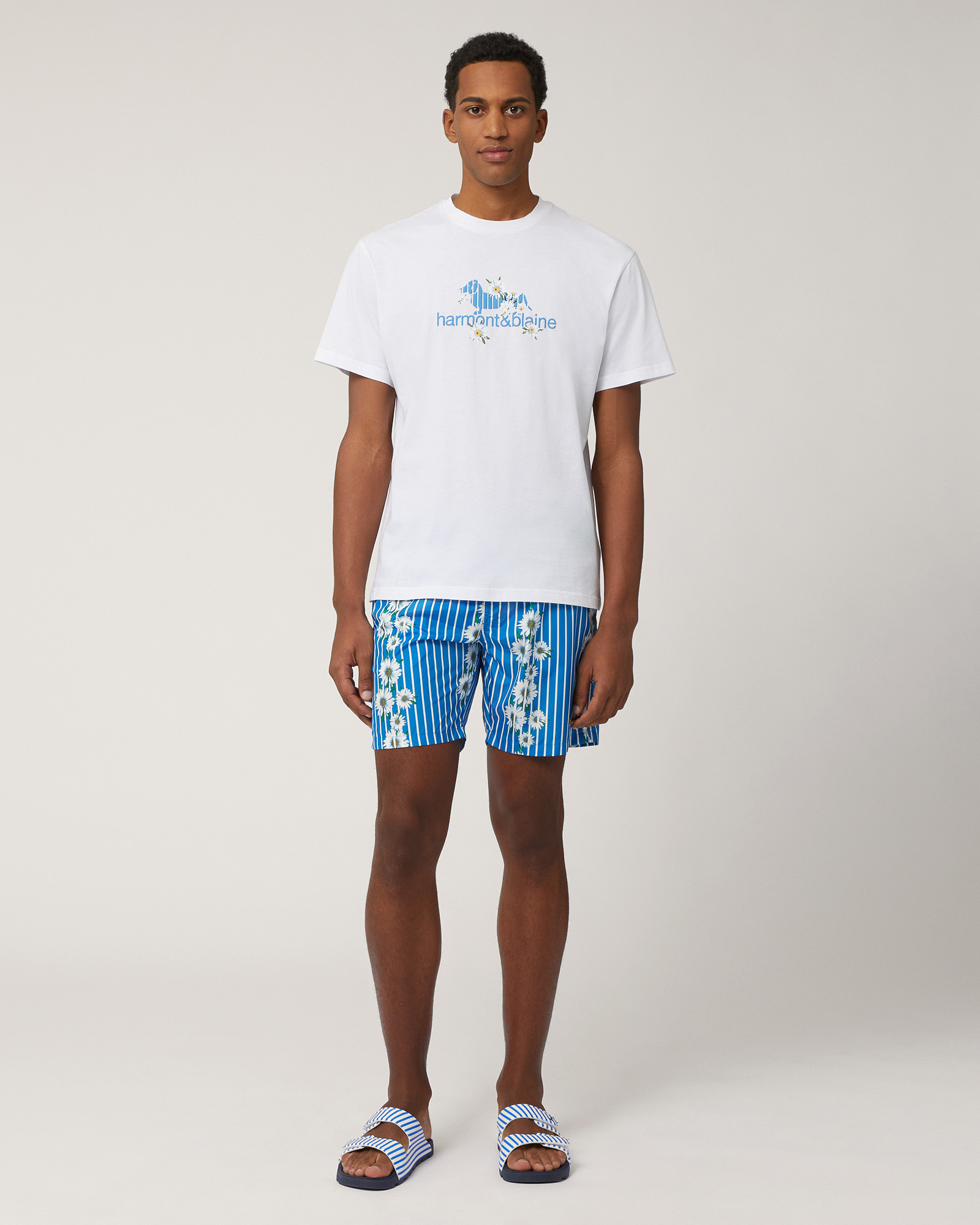 Swim Trunks with Stripes and Daisies, Light Blue, large image number 3