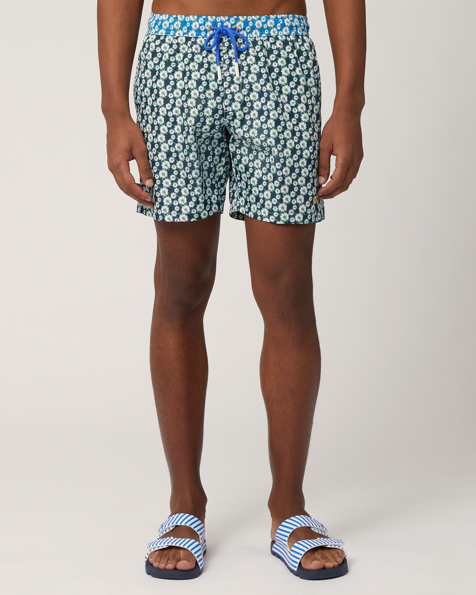 Swim Trunks with Daisies, Navy Blue, large