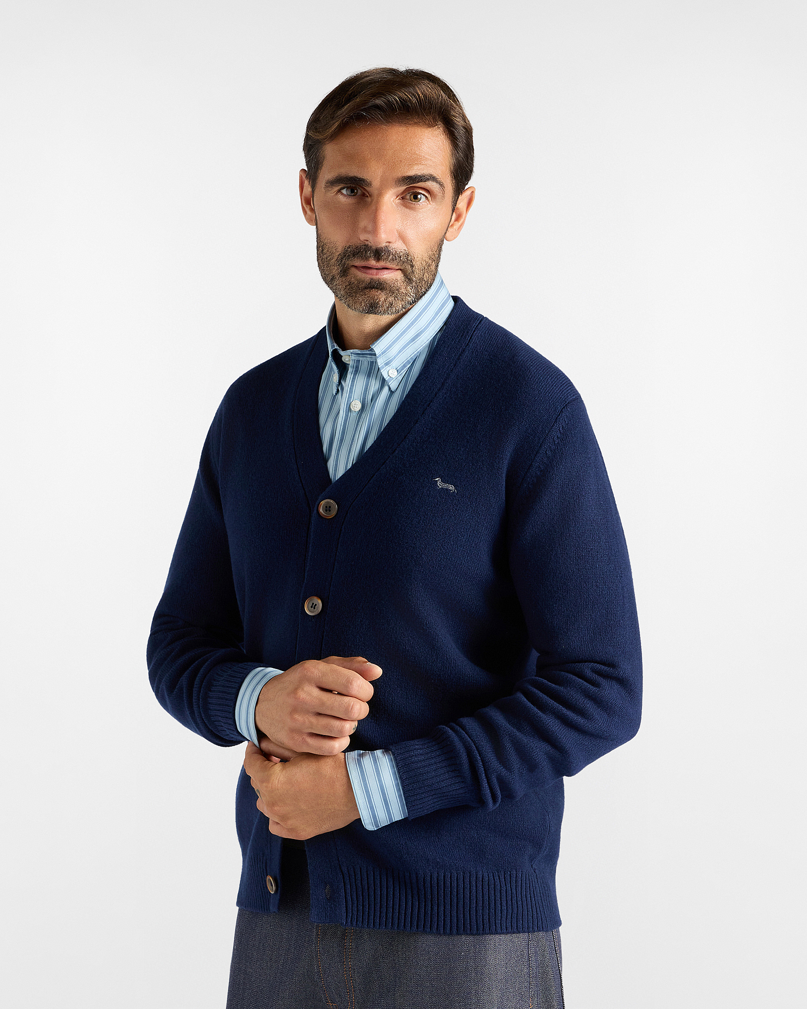 Men's Made in Italy V-neck cardigan in a blue wool and cashmere blend with regular fit