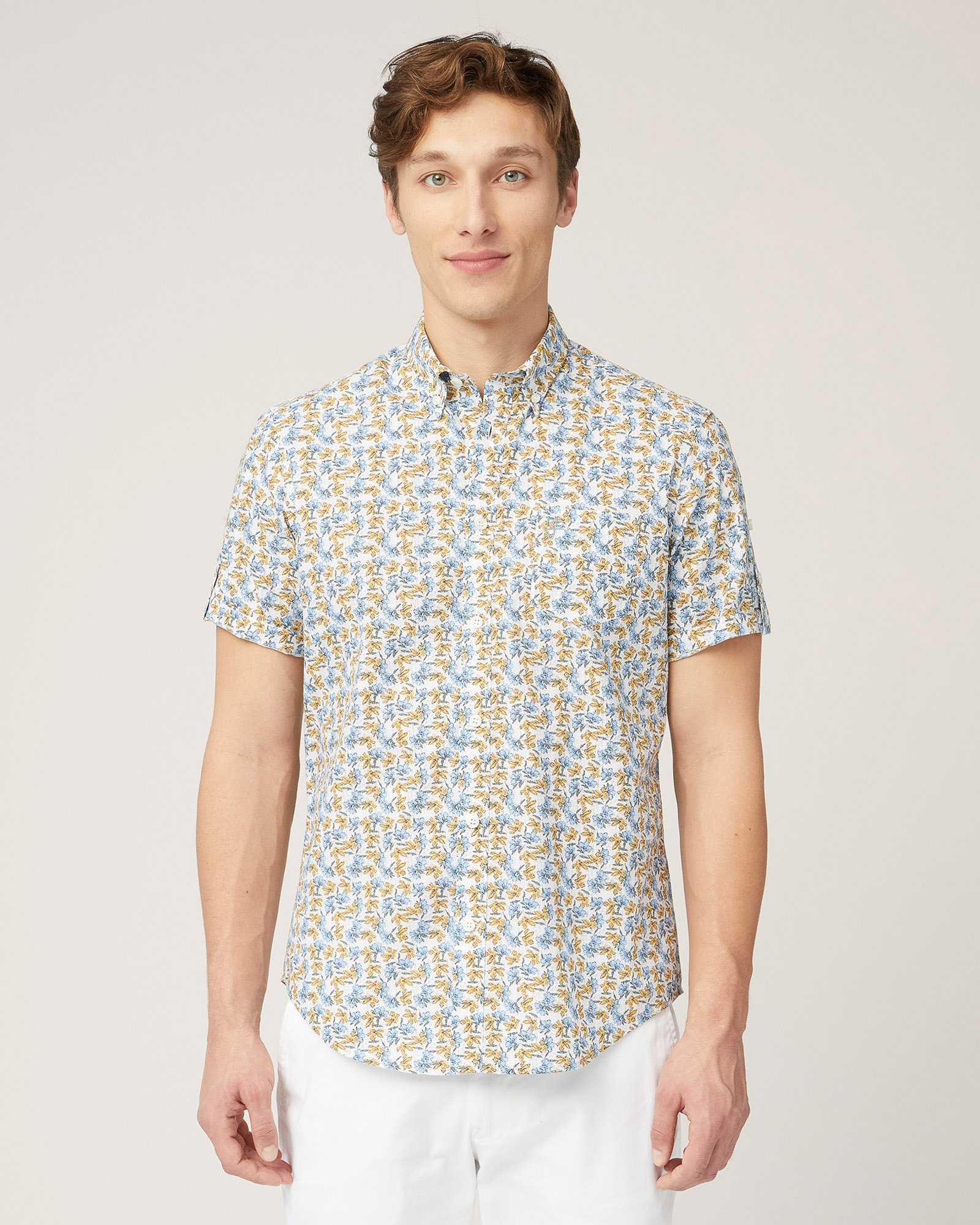 Short-Sleeved Floral Shirt, Peacock Green, large image number 0