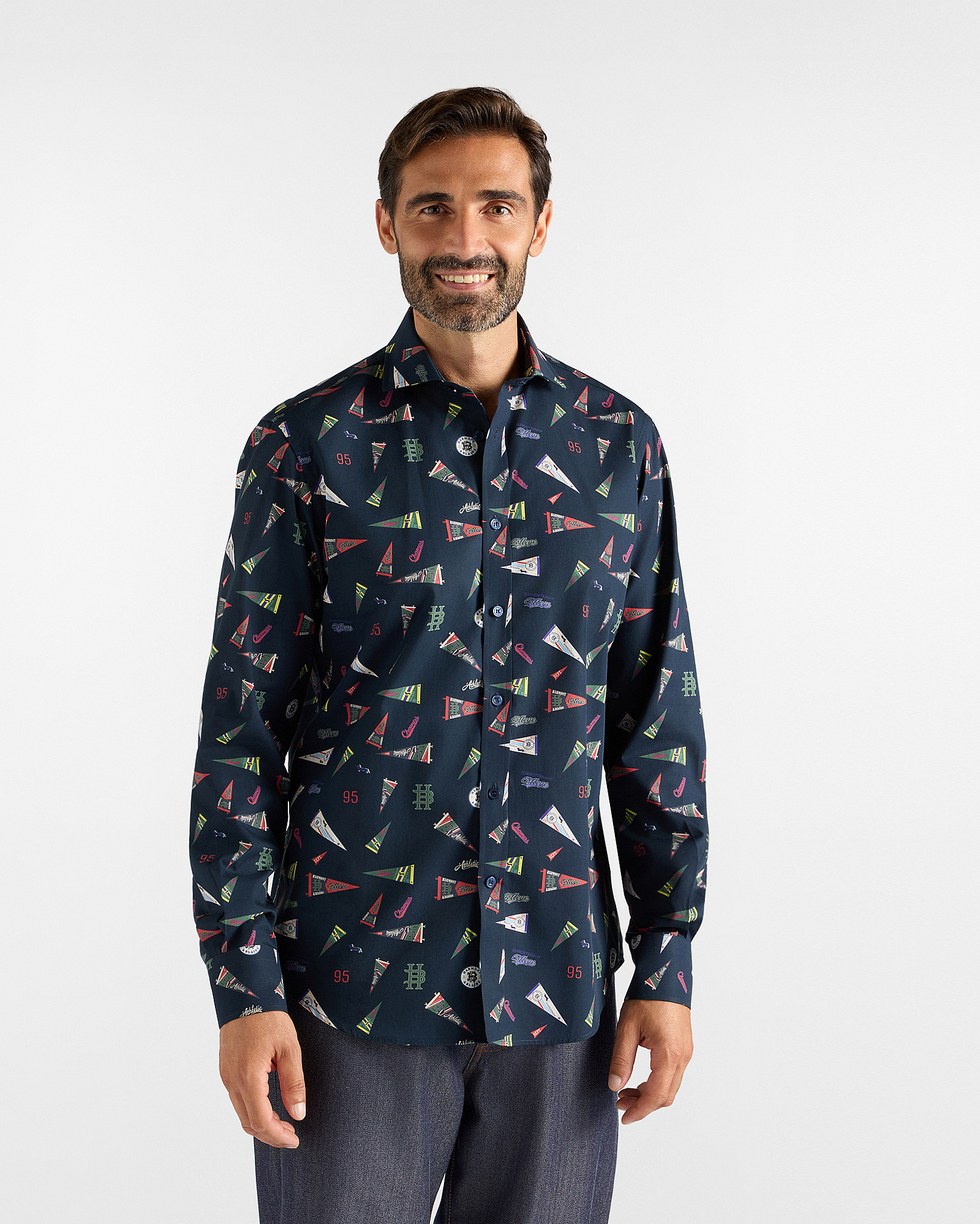 Men's regular-fit dark blue poplin shirt with flag print