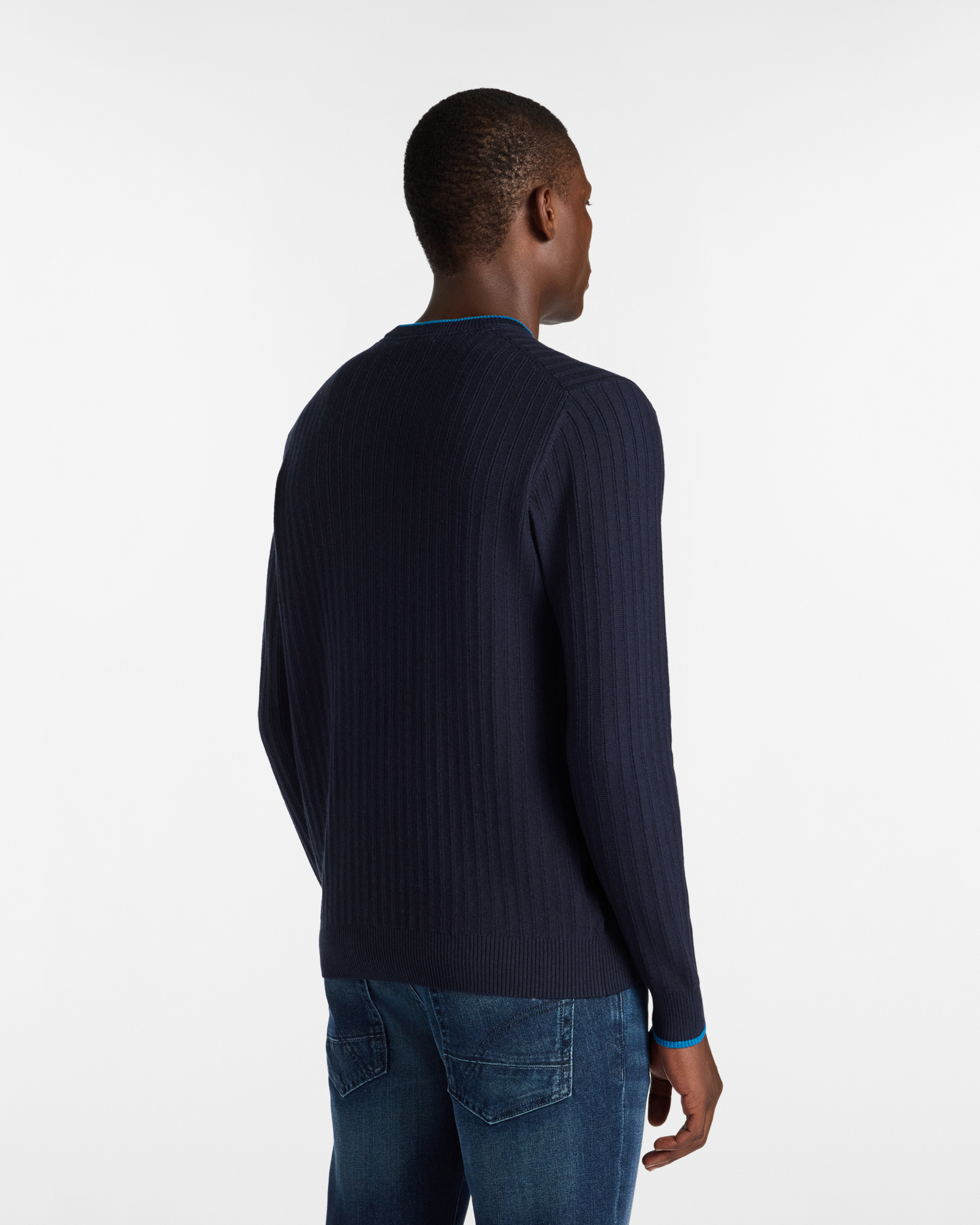 Crew Neck Sweater with Contrast Details, Dark Blue, large image number 1