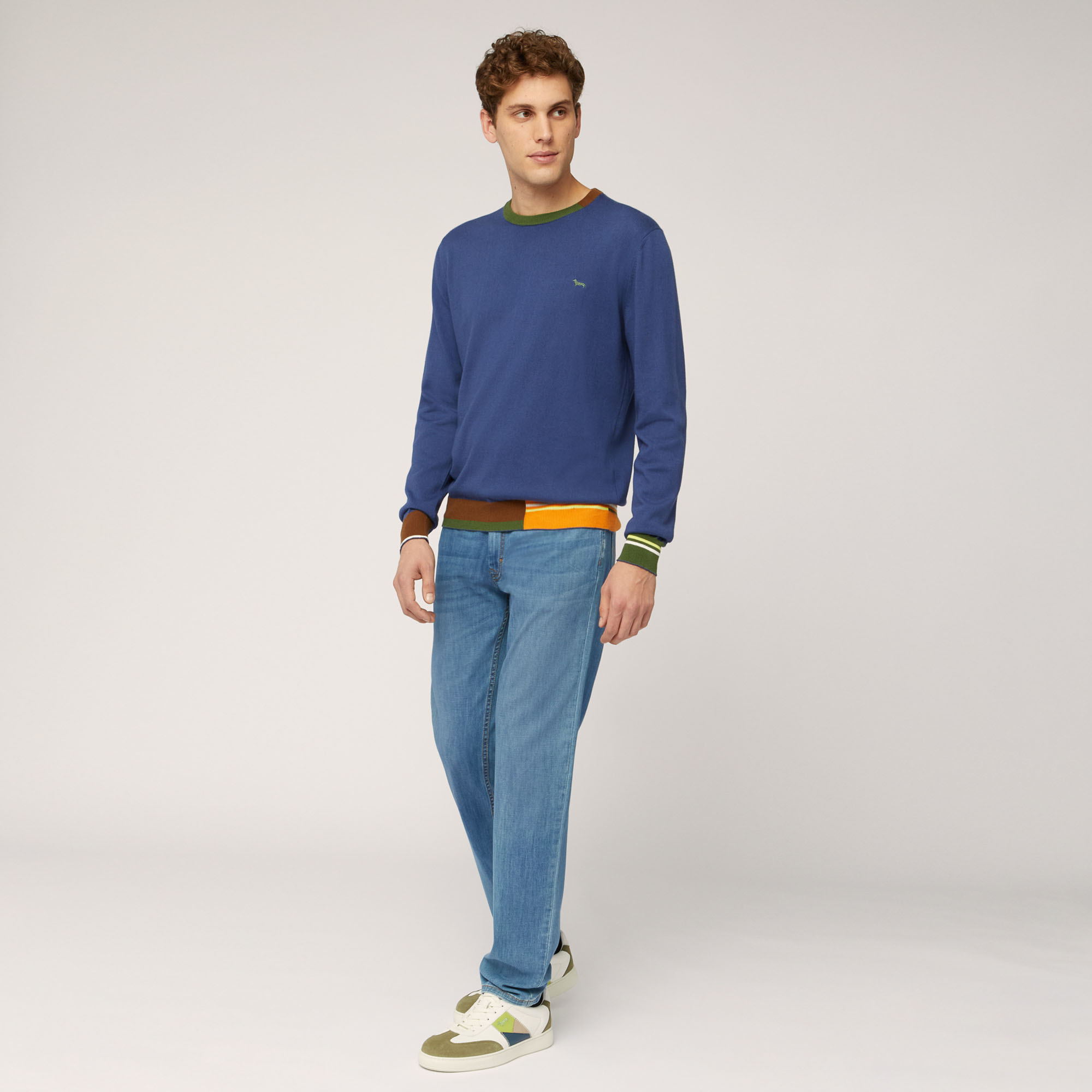 Organic Cotton Crew Neck Pullover with Color Block Details, Blue, large image number 3