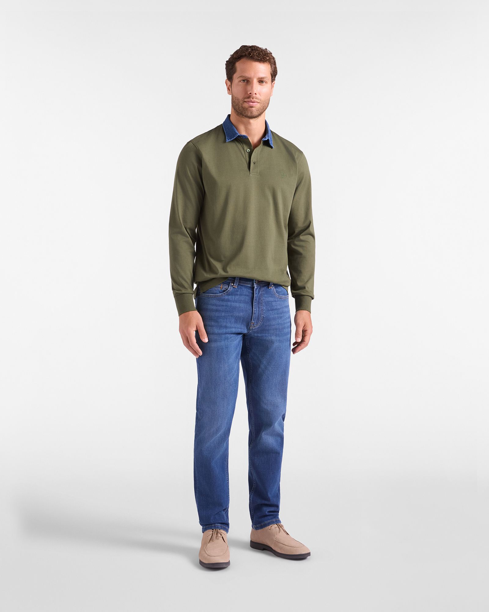 Polo HBJ Uomo con Colletto in Denim di Puro Cotone, VERDE, large