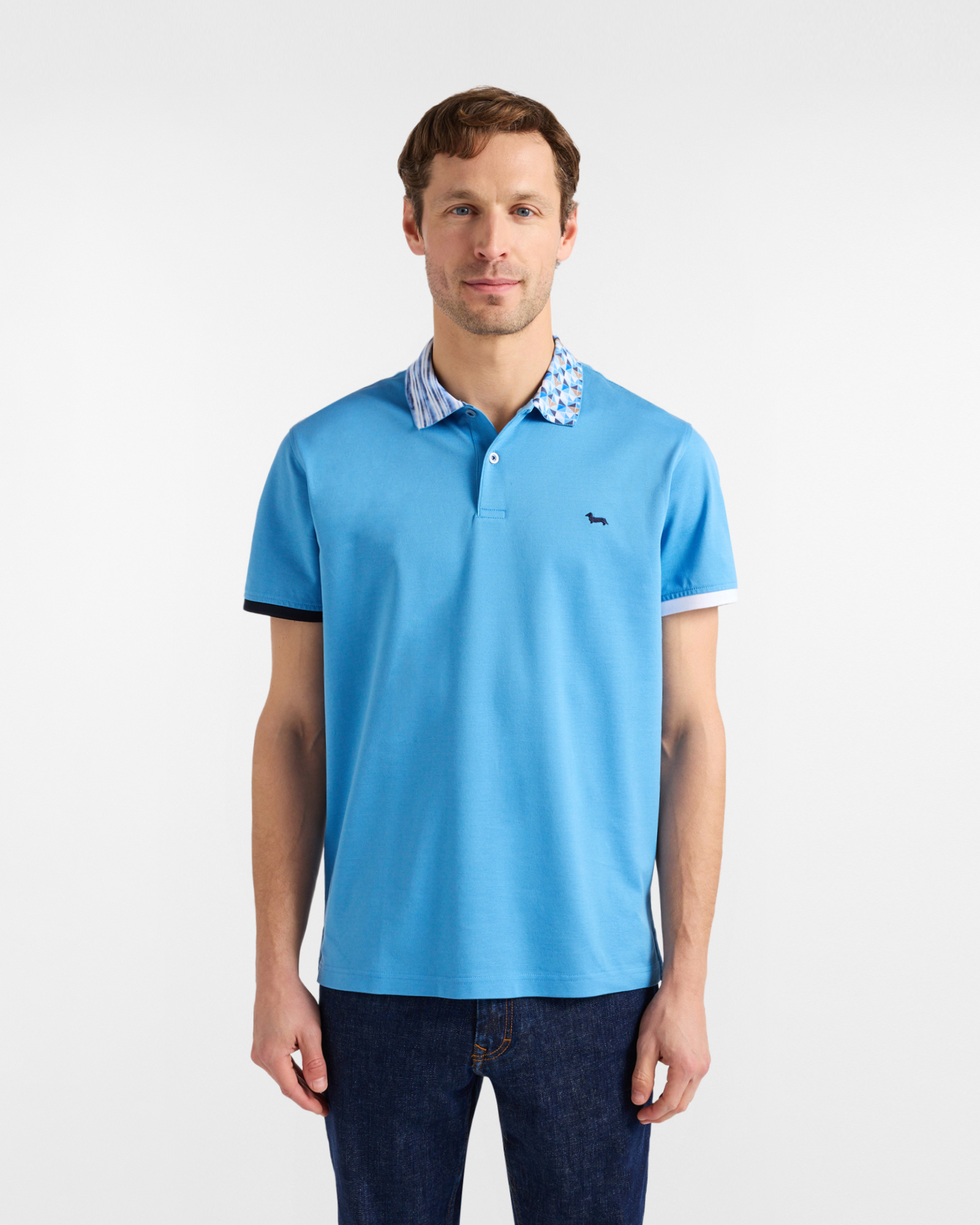 Polo shirt with printed collar, Blue, large