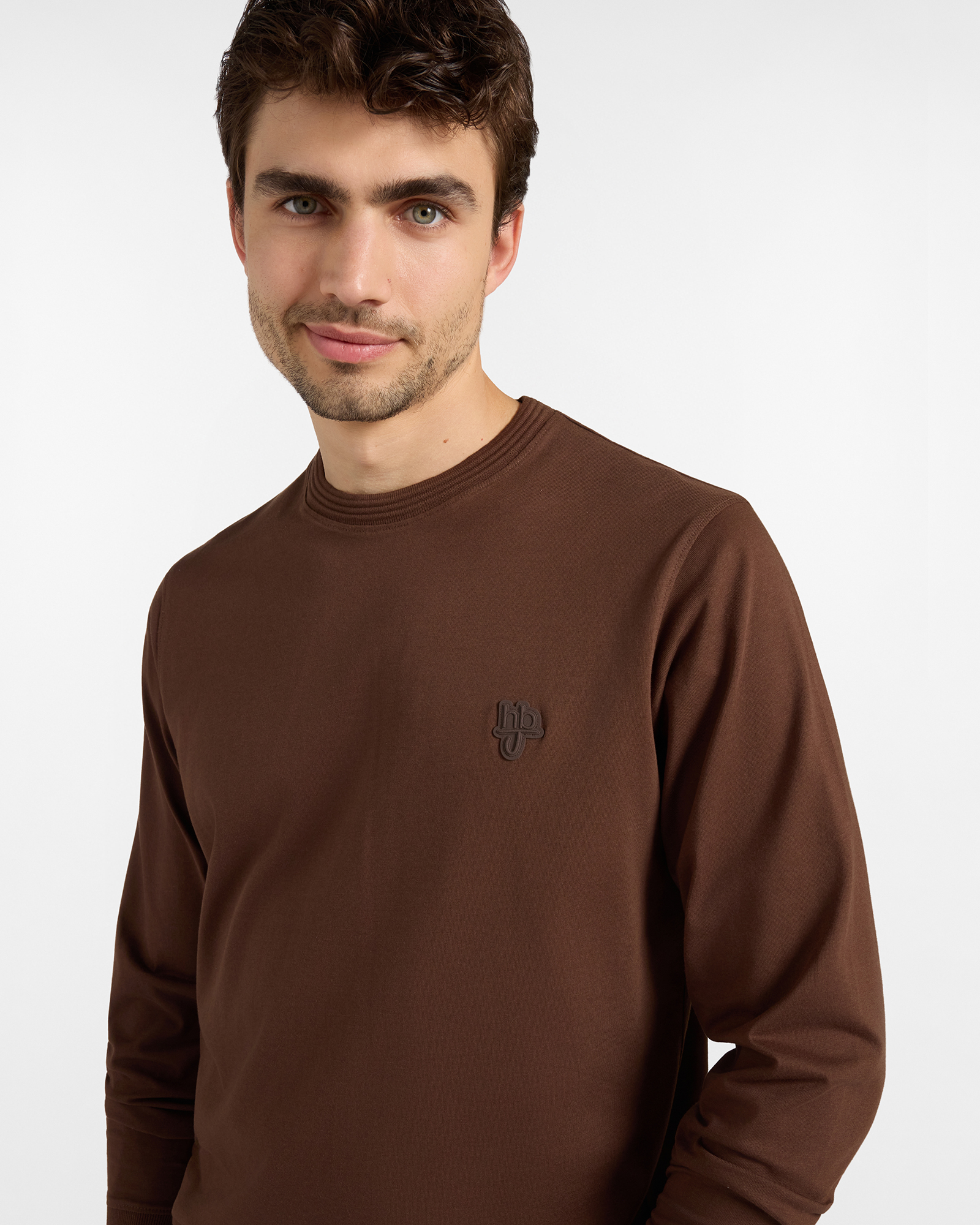 T-shirt HBJ Uomo con Patch Logo in Puro Cotone, MARRONE, large