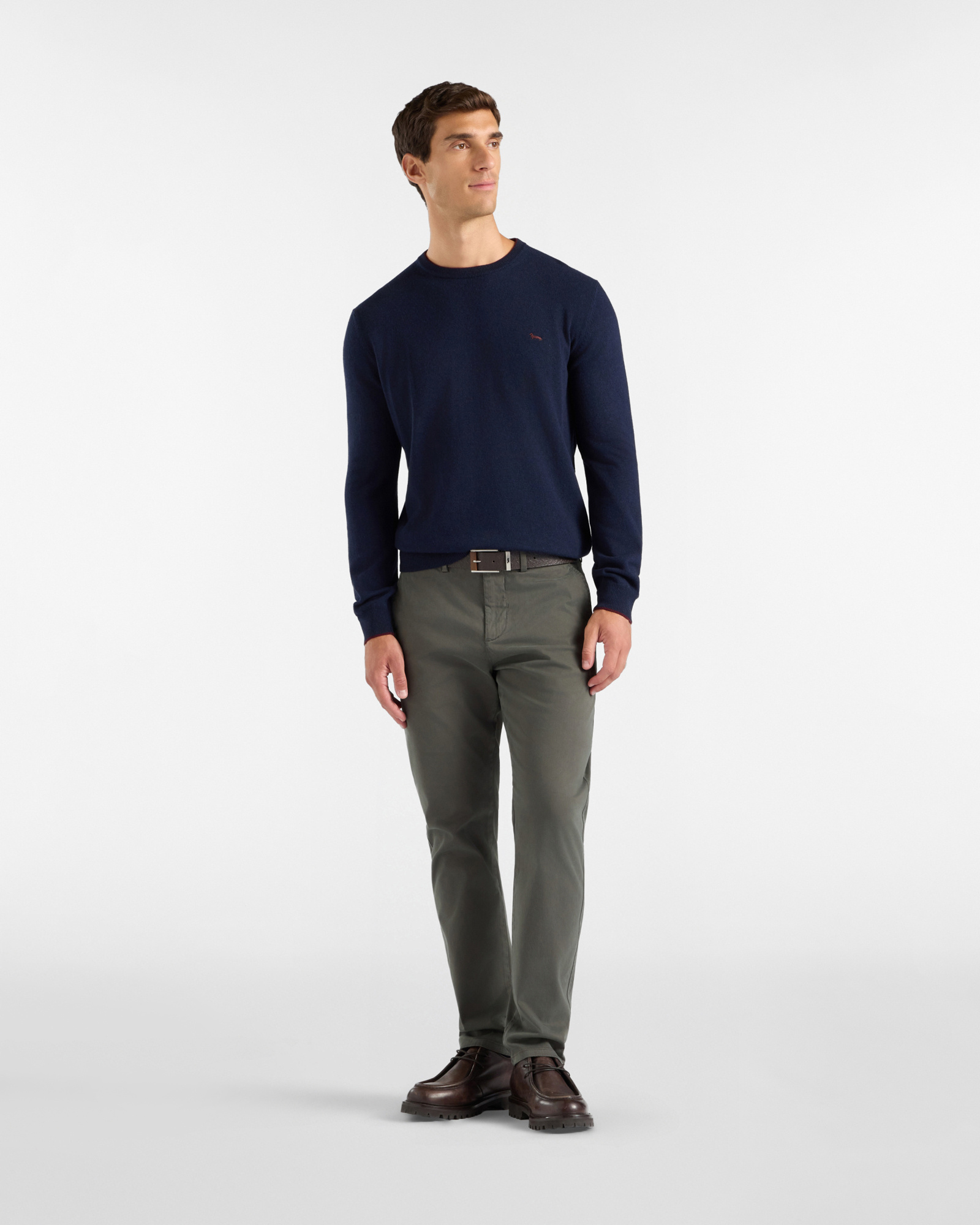 Men's crewneck sweater with contrasting stripe in a gray wool and cashmere blend with regular fit, NAVY BLUE, large image number 3