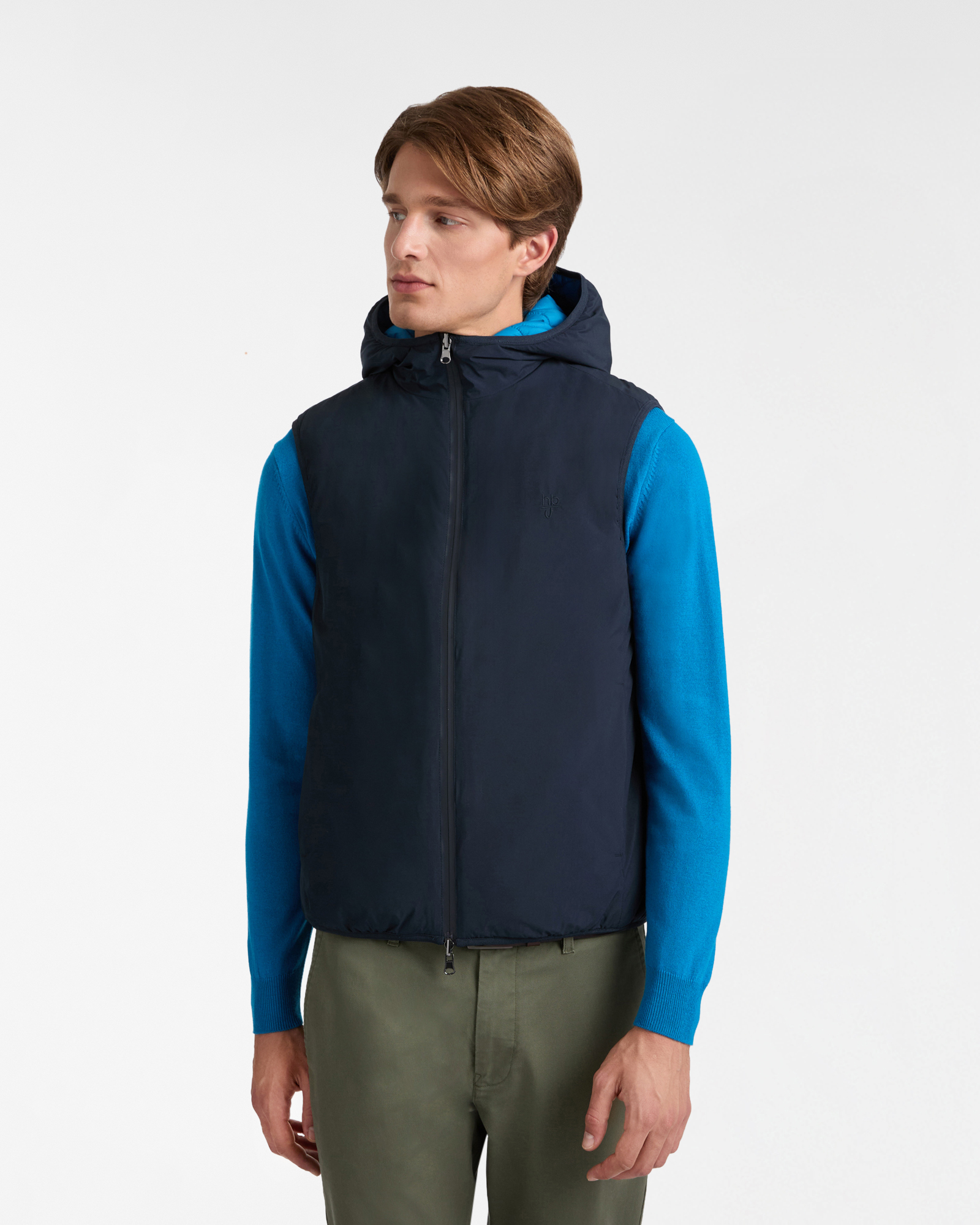 Double-Faced Hooded Vest, Dark Blue, large