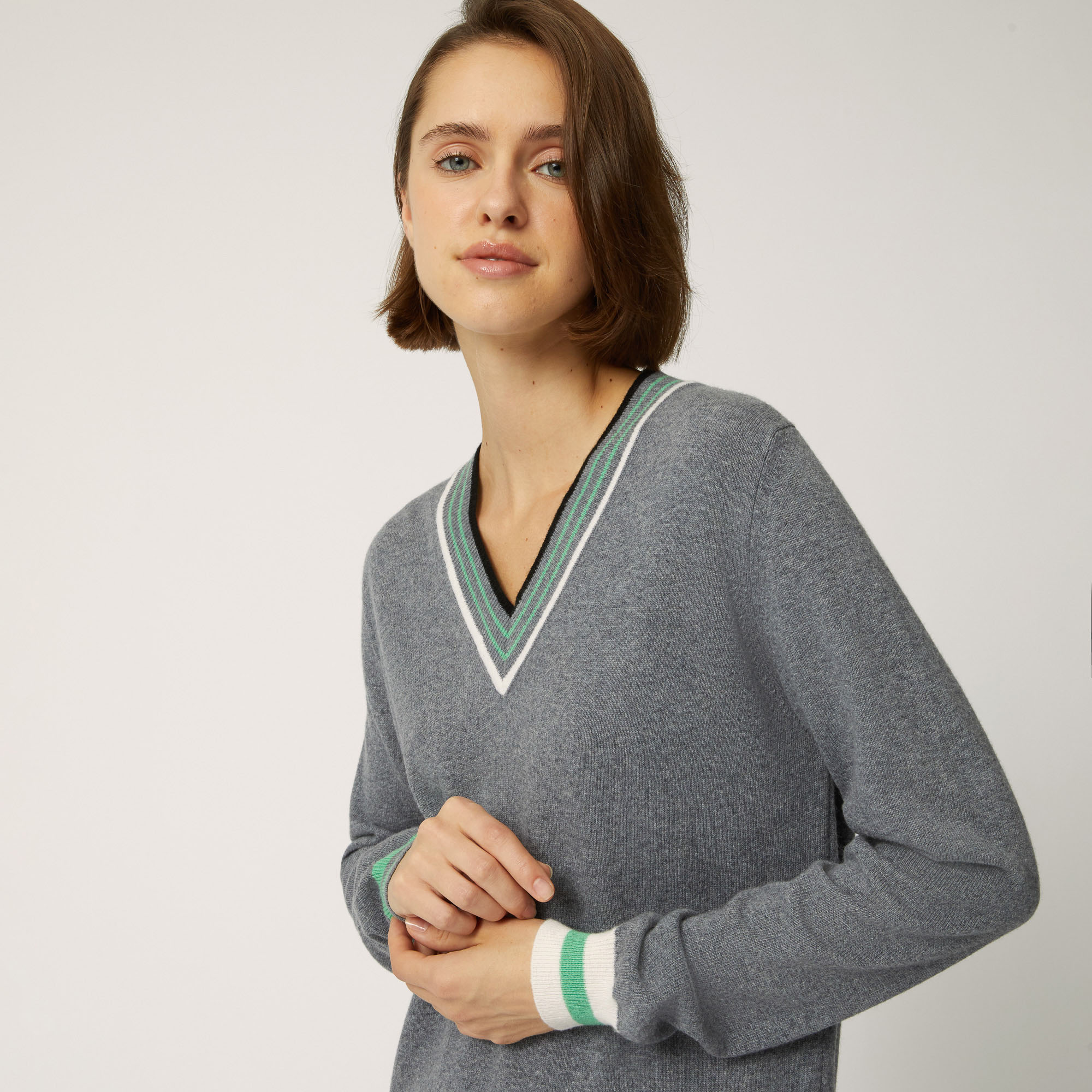 Pullover In Cashmere Con Dettagli Rigati, Grigio, large image number 2