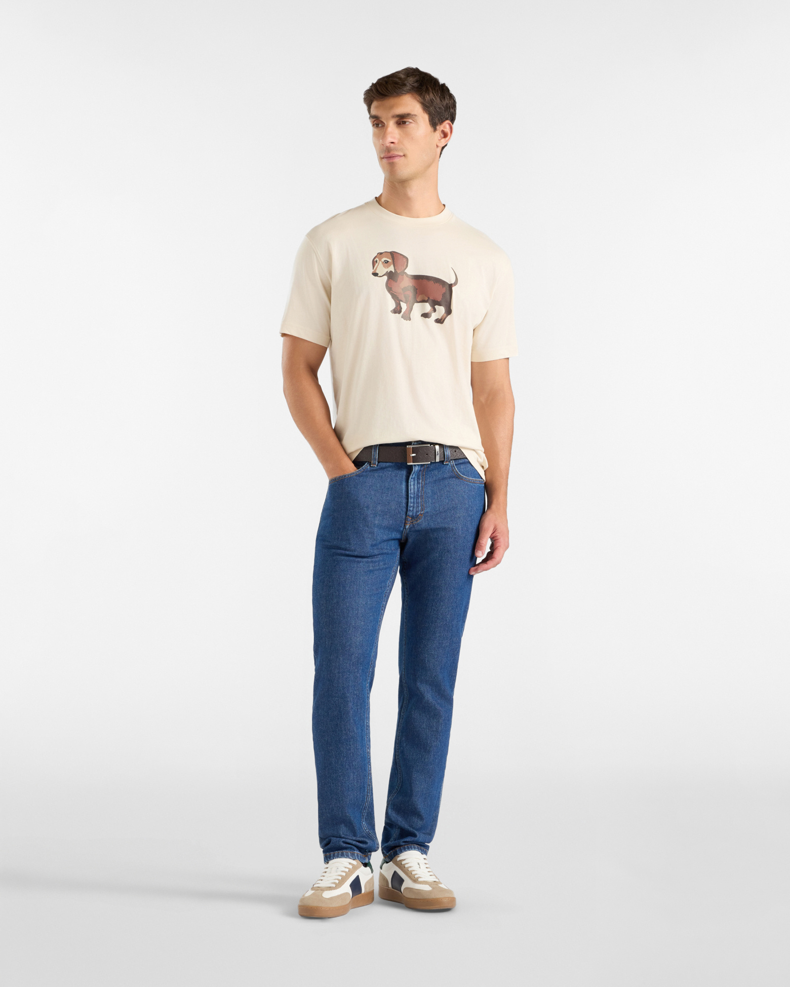 T-shirt Uomo in Jersey di Puro Cotone con Stampa Bassotto Effetto Acquerello, TORTORA, large