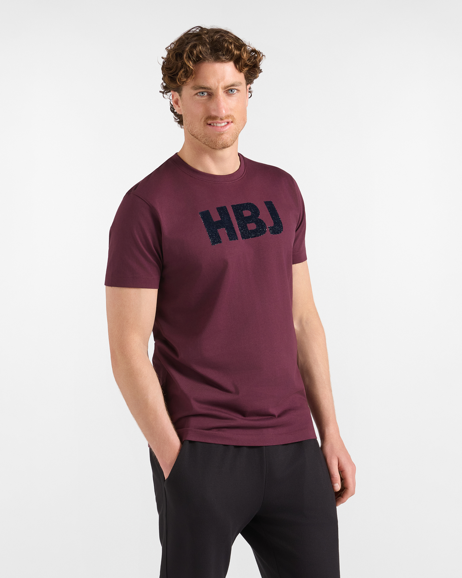 Men&rsquo;s HBJ T-shirt with HBJ Print in Pure Plum-Coloured Cotton
