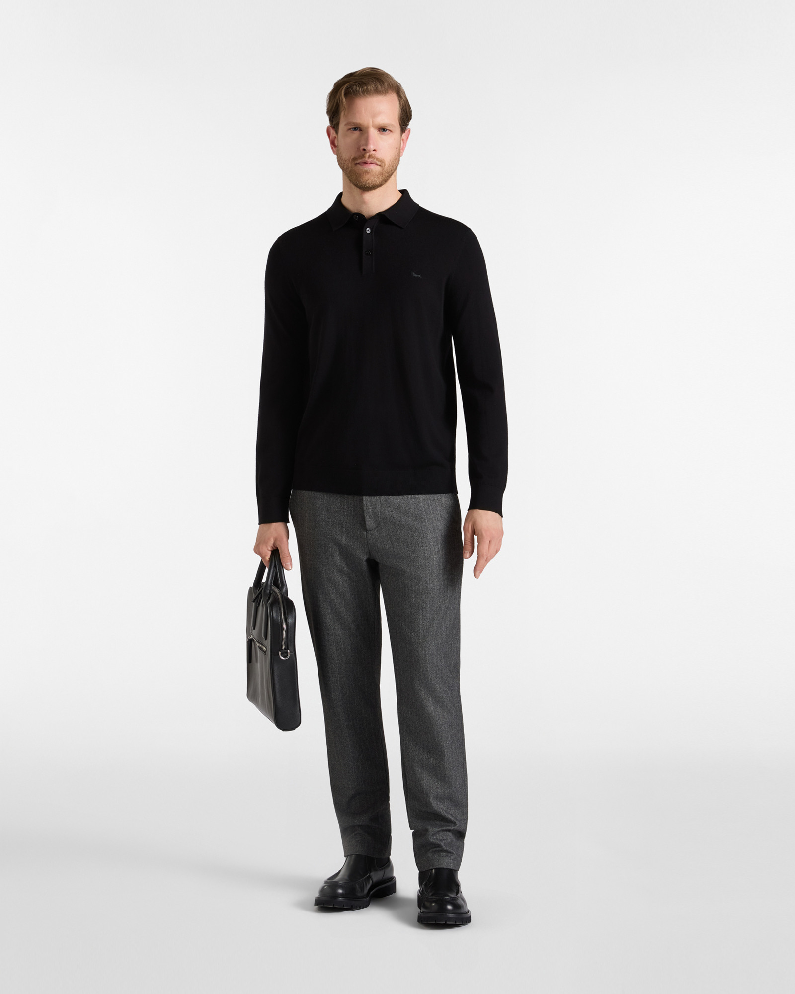 Maglia Uomo con colletto polo abbottonato in 100% pura lana Regular Fit, NERO, large