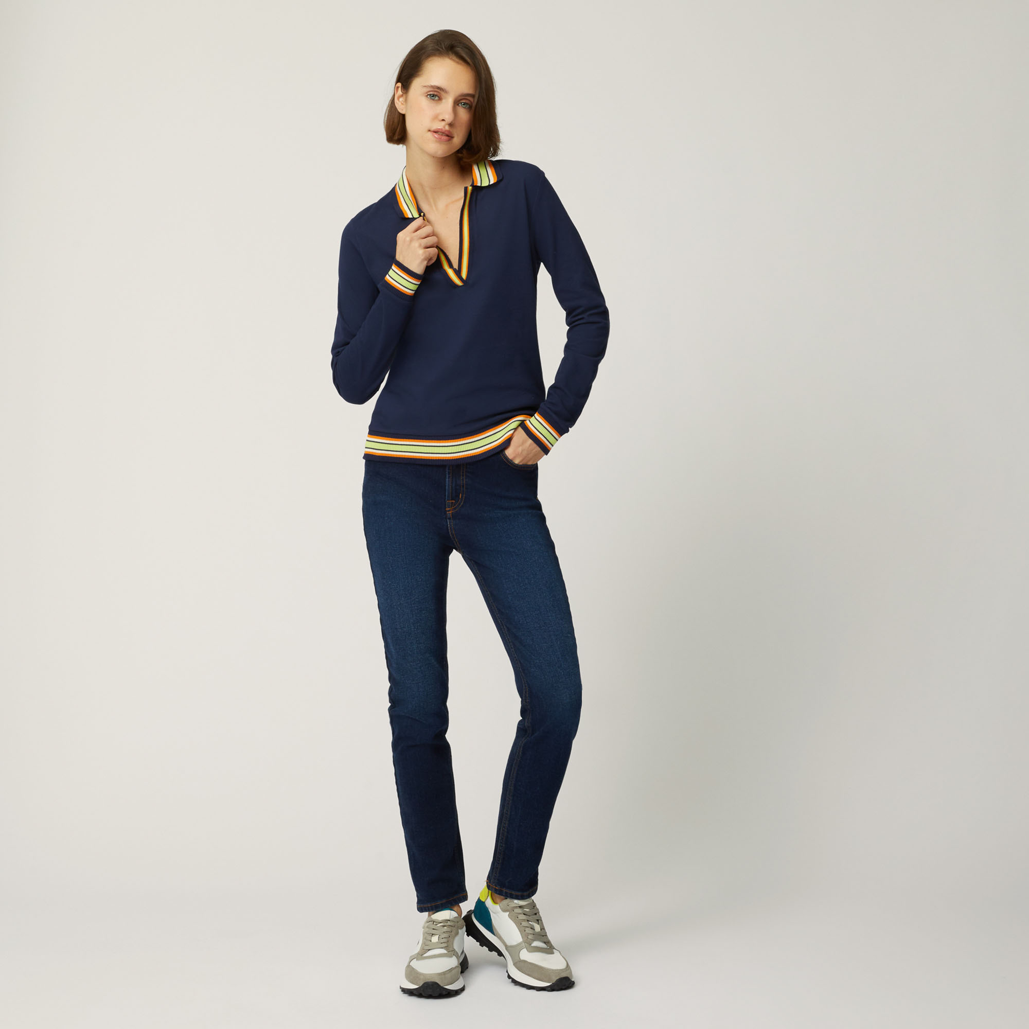 Long-Sleeved Polo Shirt With Contrast Details, Blue, large image number 3