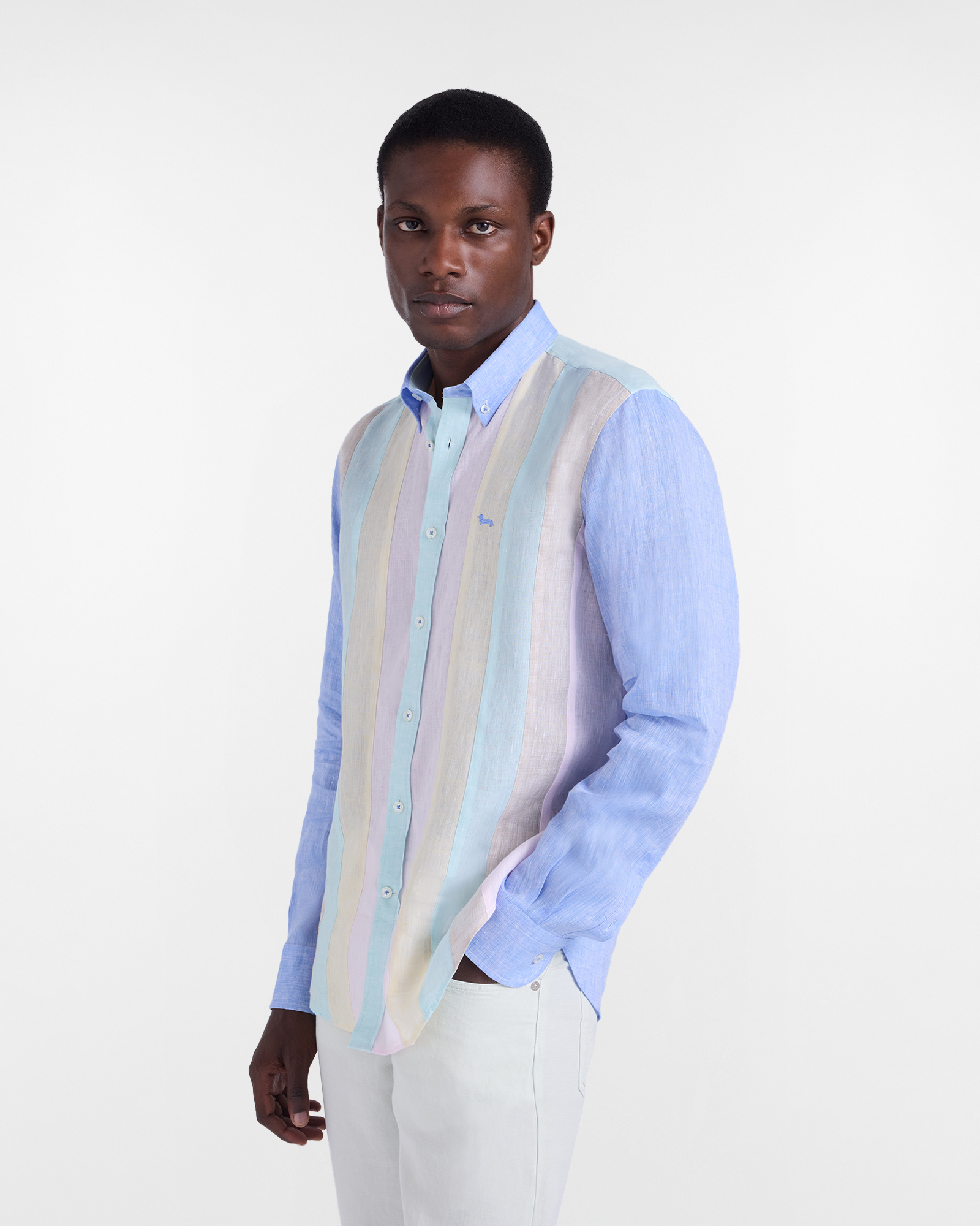 Linen shirt with contrasting bands, Celeste, large image number 0