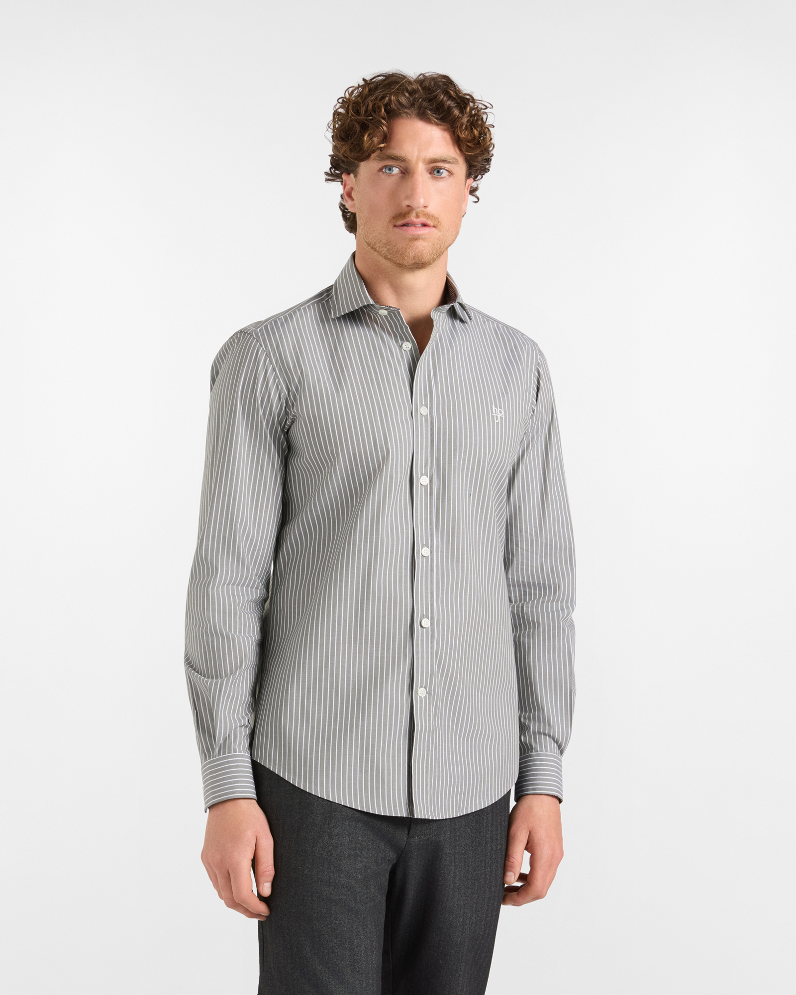 HBJ Men&rsquo;s Narrow Fit Stretch Cotton Shirt with Green Stripes and French Collar