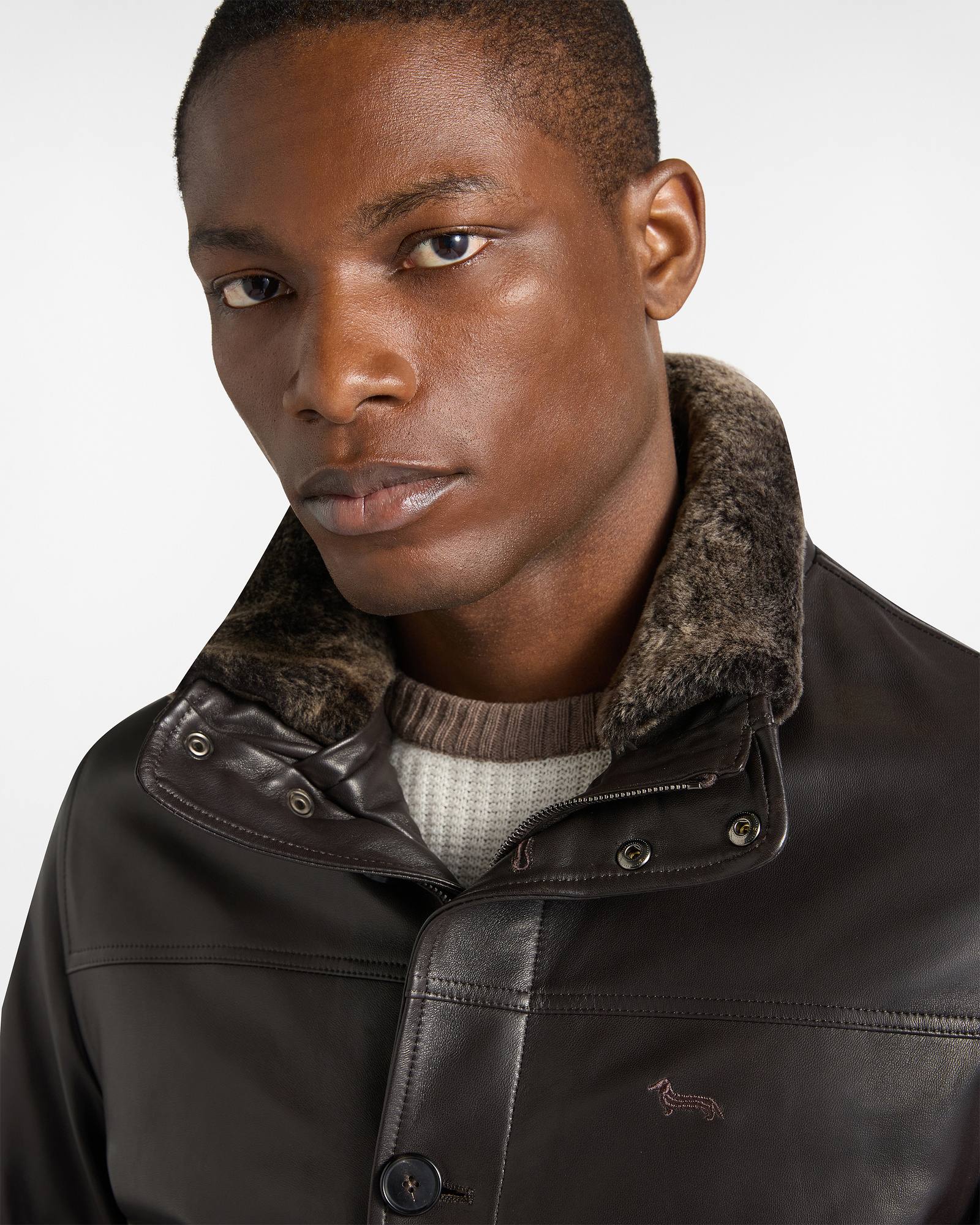 Leather Bomber with Fur Collar, Dark Brown, large image number 2